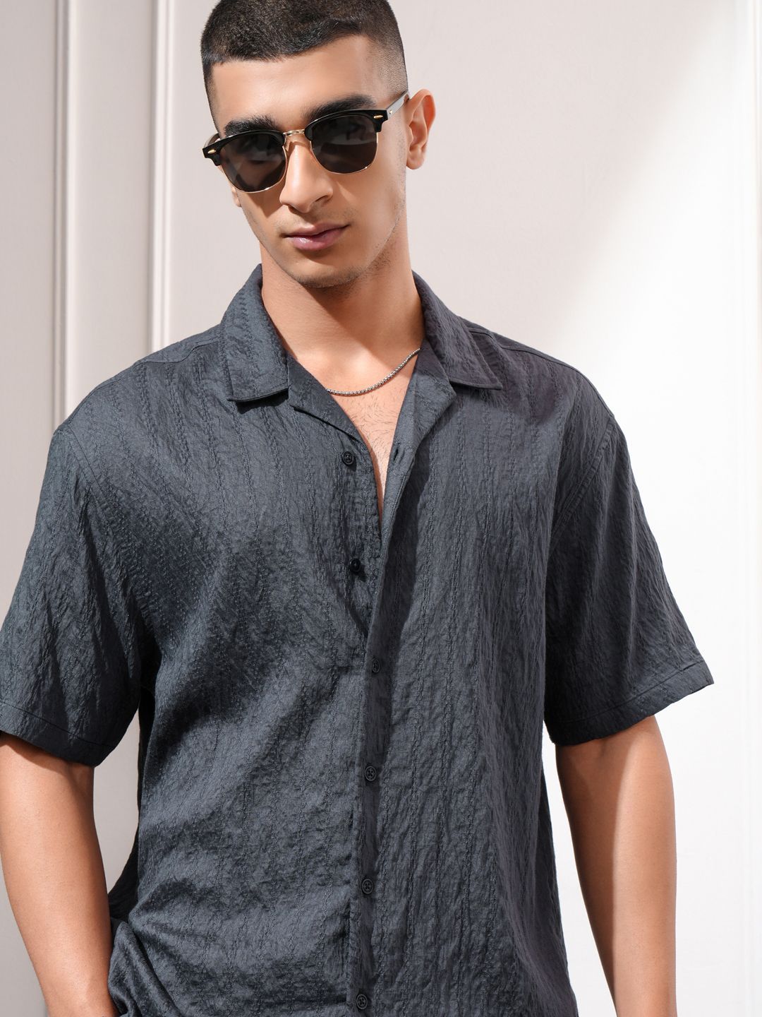 HIGHLANDER Men Cuban Collar Textured Solid Relaxed Fit Casual Shirt-picture-37