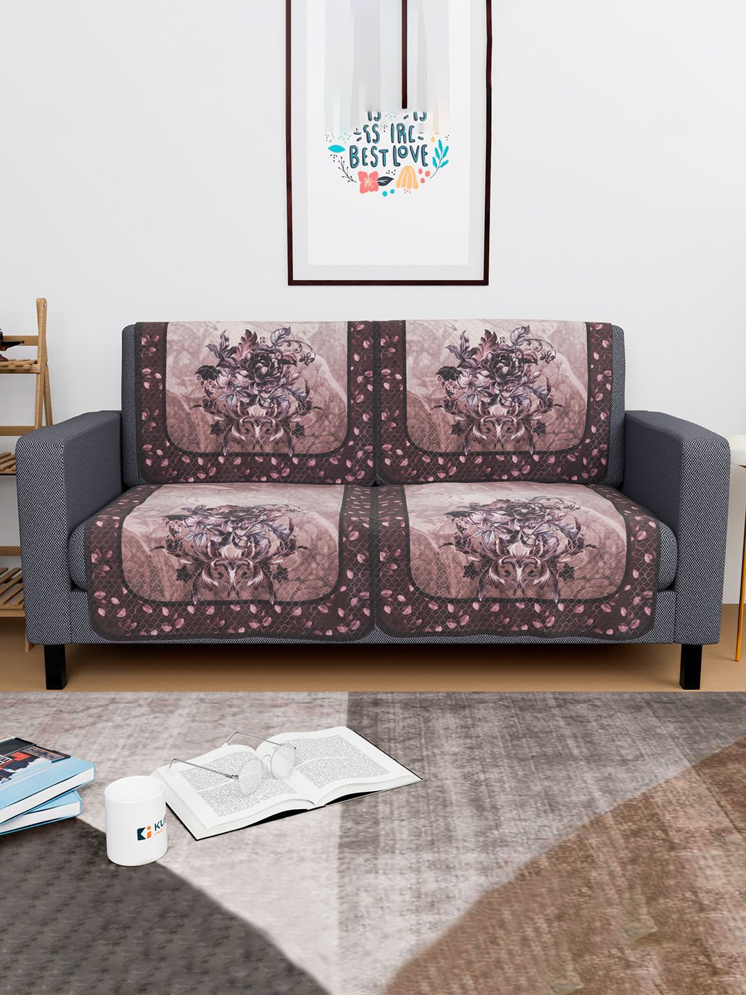 Kuber Industries Brown & Pink 4 Pieces Printed 2-Seater Cotton Sofa Covers-picture-16