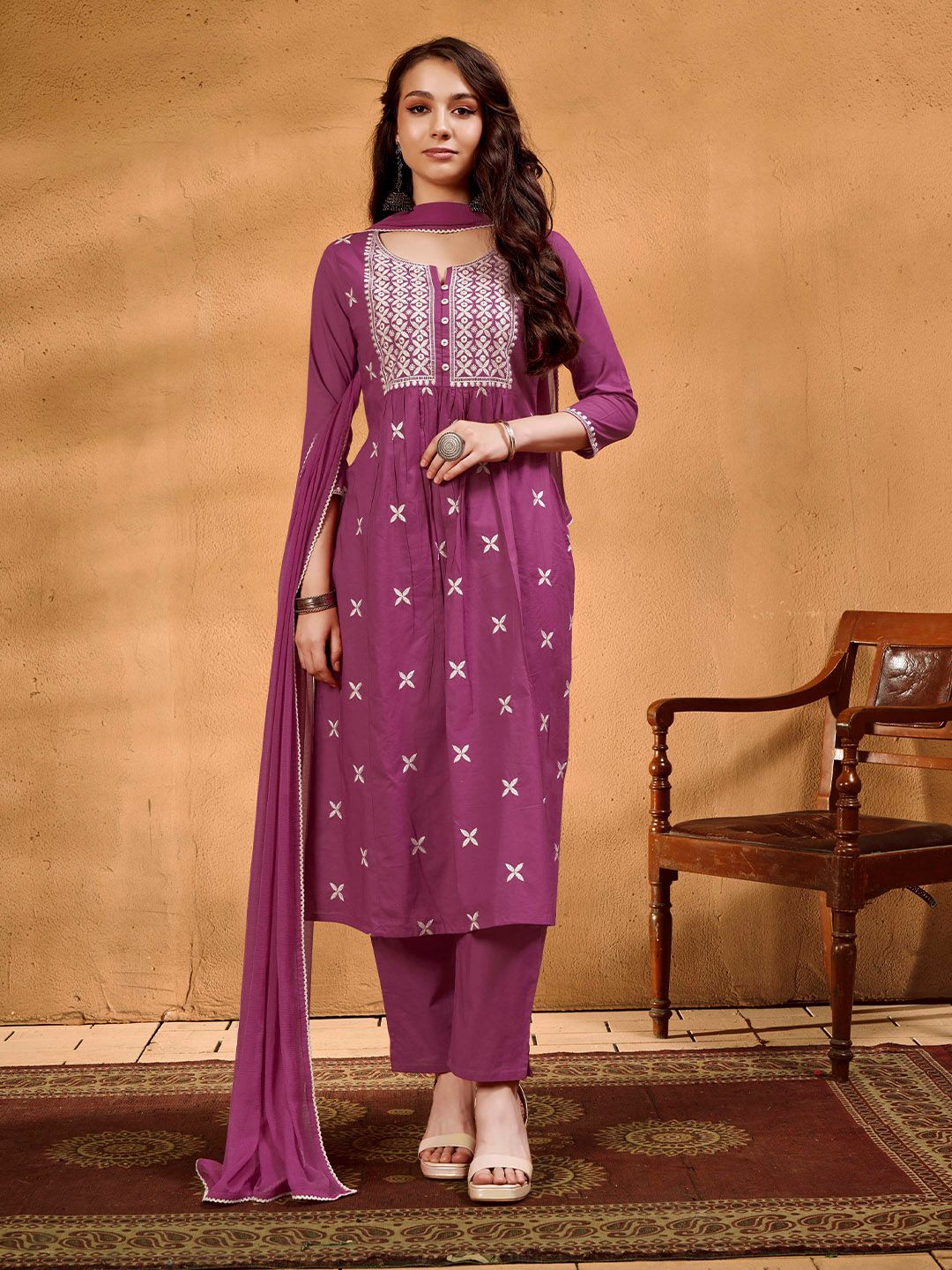 Anouk Ethnic Motifs Embroidered Thread Work Pure Cotton Kurta with Trouser & Dupatta