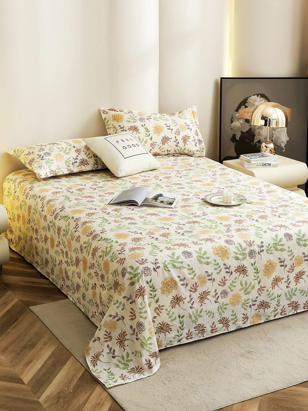 Story@home Off White Floral Printed 300 TC Microfiber King Bedsheet with 2 Pillow Covers-image-13