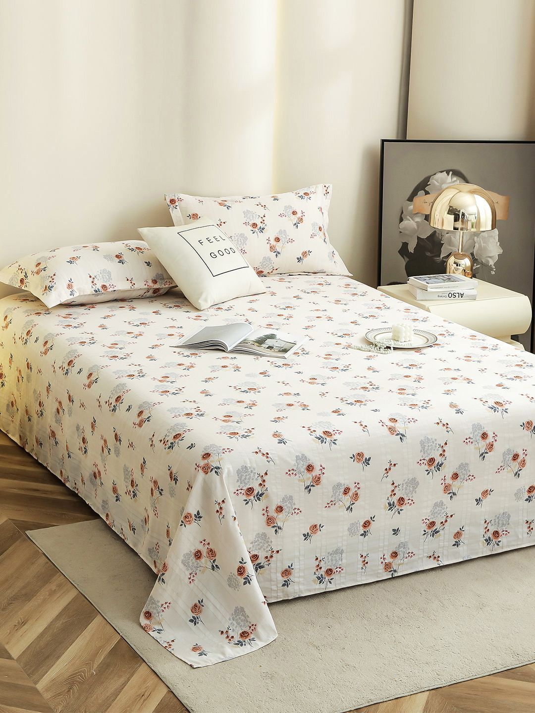 Story@home White Floral Printed 300 TC Microfiber King Bedsheet with 2 Pillow Covers-picture-37