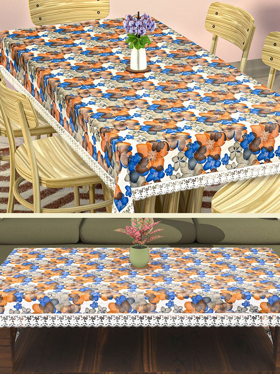Kuber Industries White & Blue 2 Pieces Floral Waterproof Plastic 6-Seater Table Cover-picture-24
