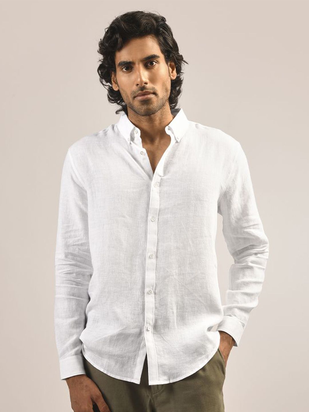 KINGDOM OF WHITE Men Relaxed Button-Down Collar Solid Linen Casual Shirt-picture-30