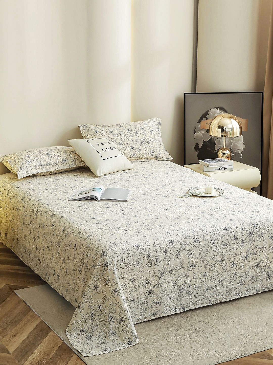 Story@home Off White Floral Printed 300 TC Microfiber King Bedsheet with 2 Pillow Covers-image-42