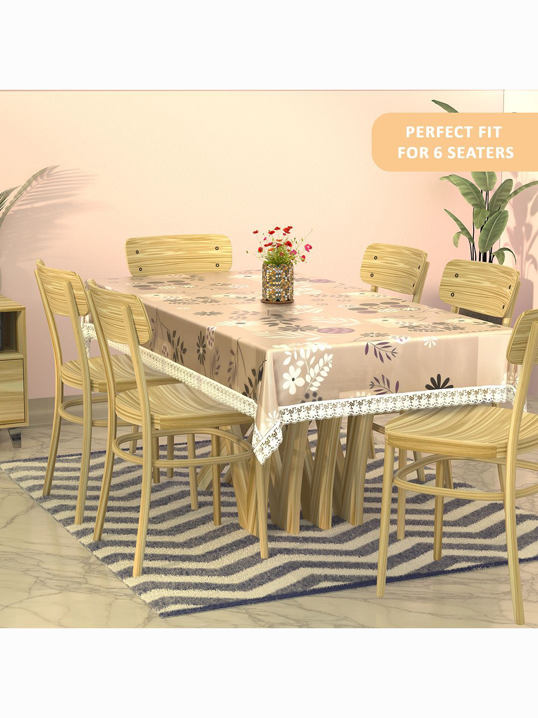 Kuber Industries Brown & White 2 Pieces Floral Waterproof Plastic 6-Seater Table Cover-picture-25