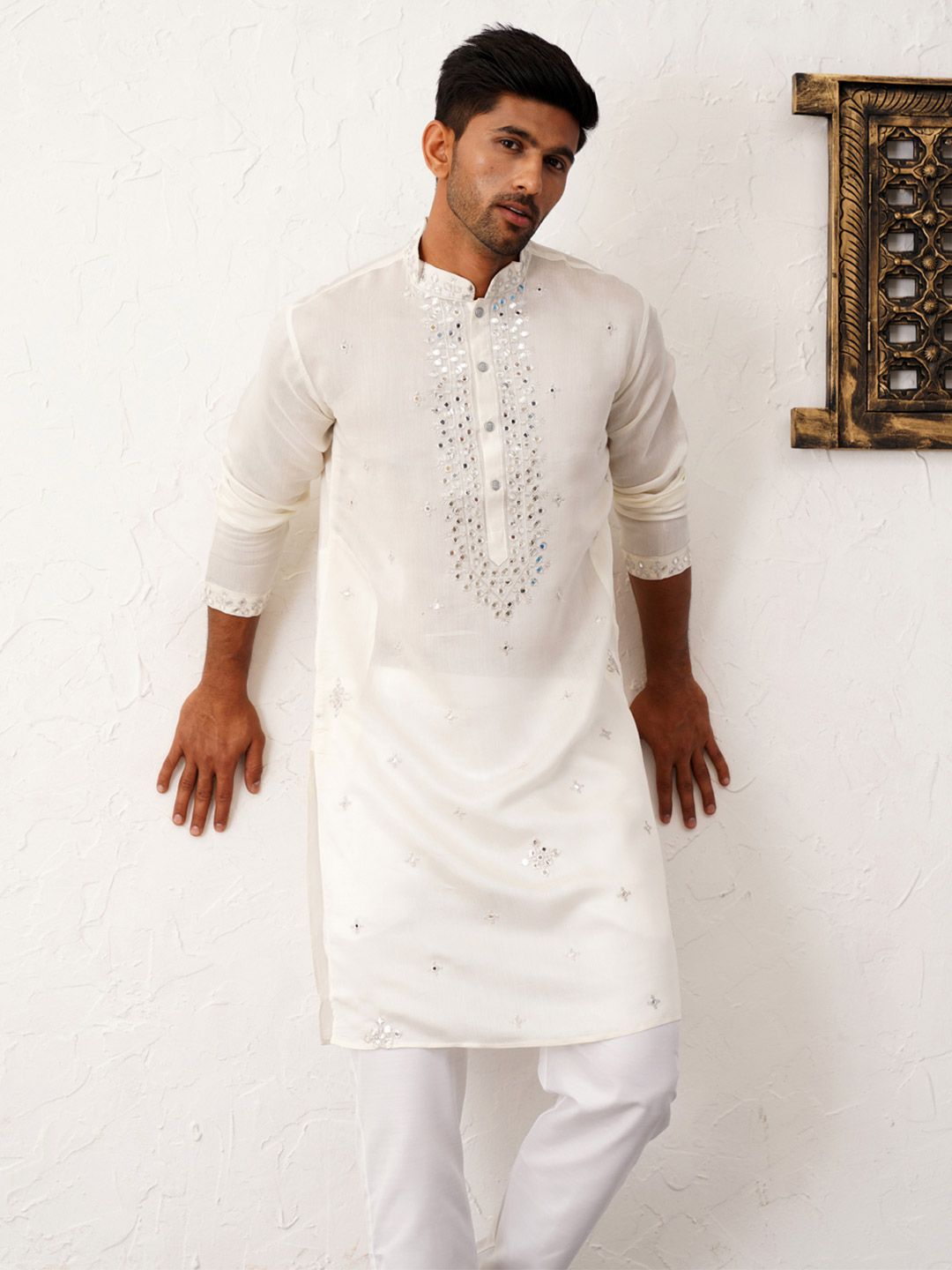 Jompers Floral Embroidered Mirror Work Mandarin Collar Kurta With Trousers-picture-35