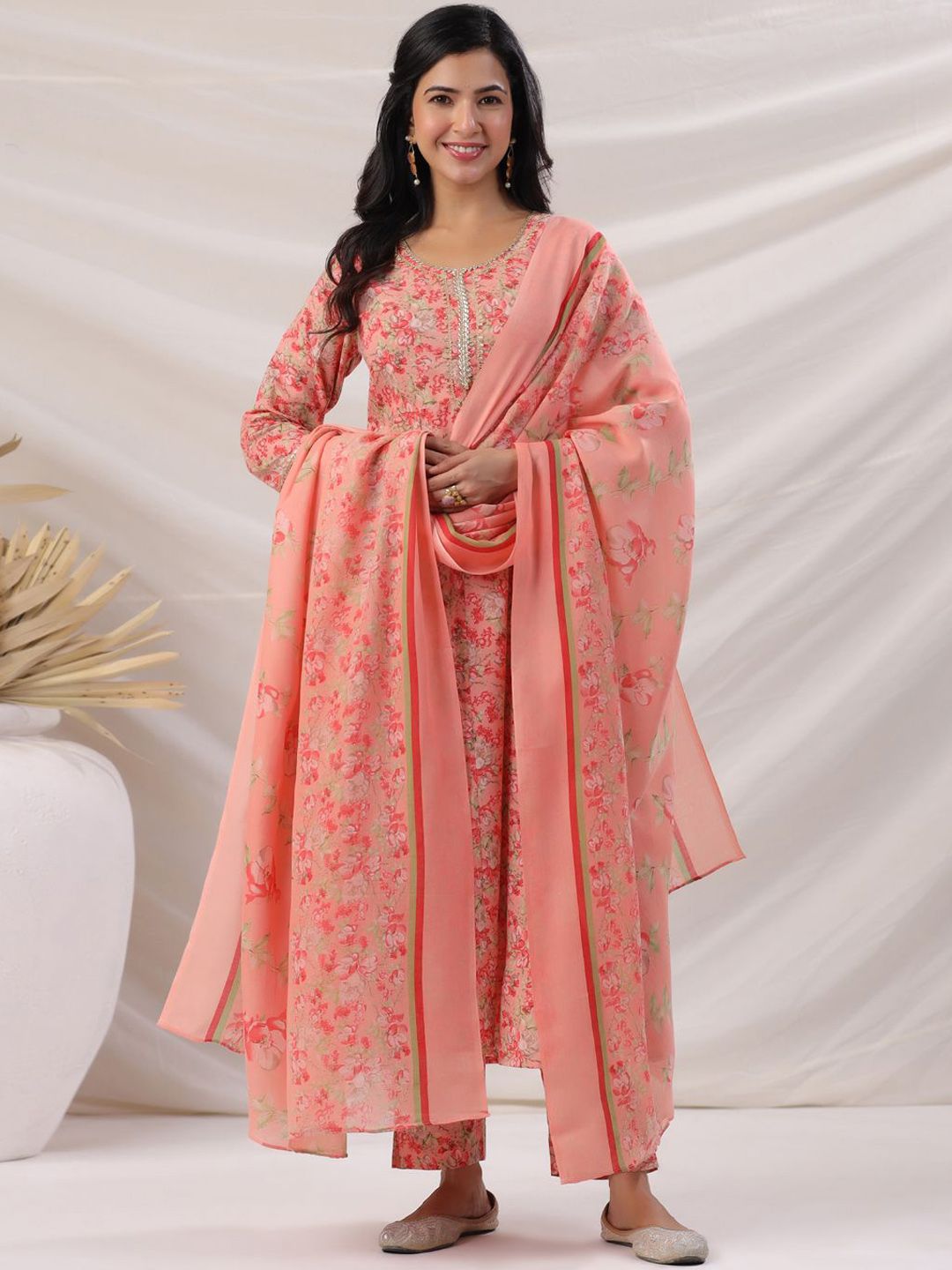 KALINI Floral Printed Gotta Patti Anarkali Kurta with Trousers & Dupatta