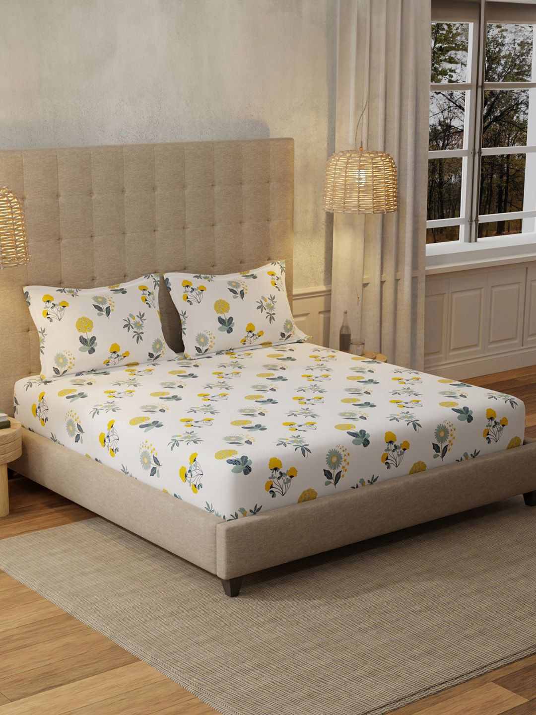 URBAN SPACE White & Yellow Floral Printed Cotton 200 TC King Bedsheet Set 2.74 x 2.74 m-picture-13