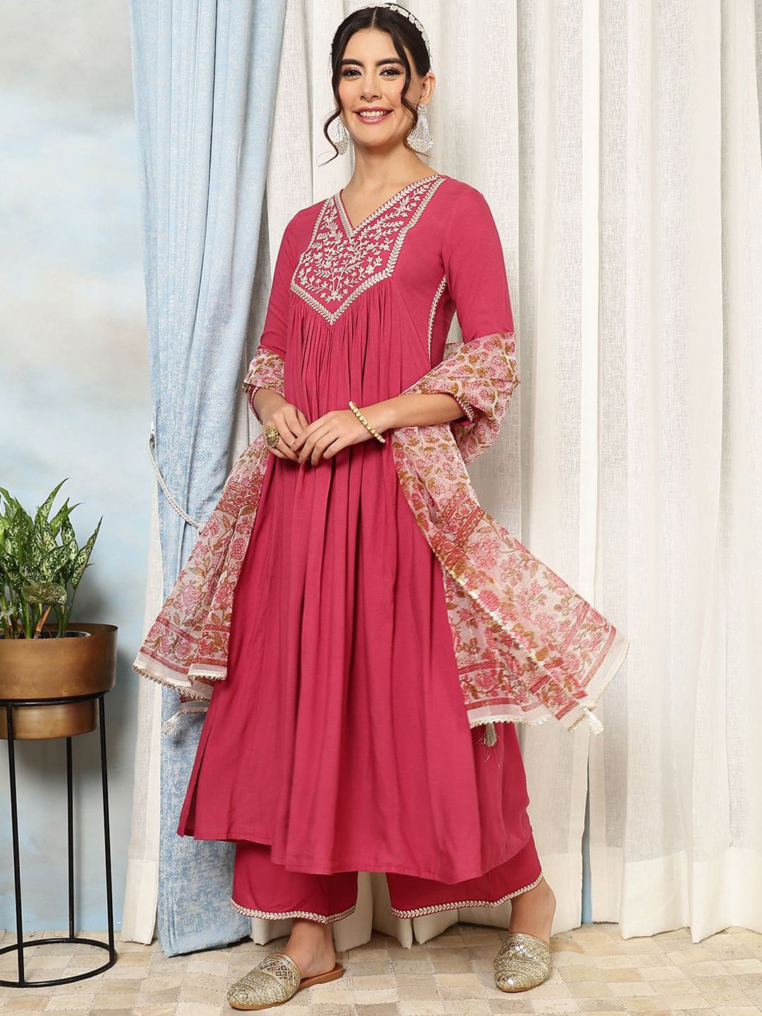 KIMAYRA Floral Embroidered Pleated Thread Work Kurta with Palazzo & Dupatta