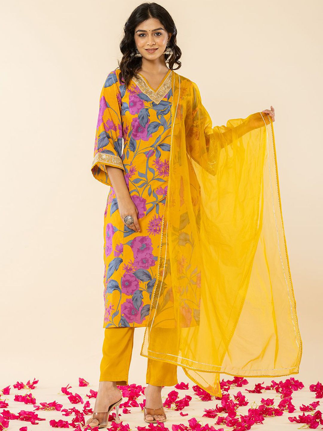 Yufta Floral Printed Regular Thread Work Pure Cotton Kurta With Trouser With Dupatta-picture-33