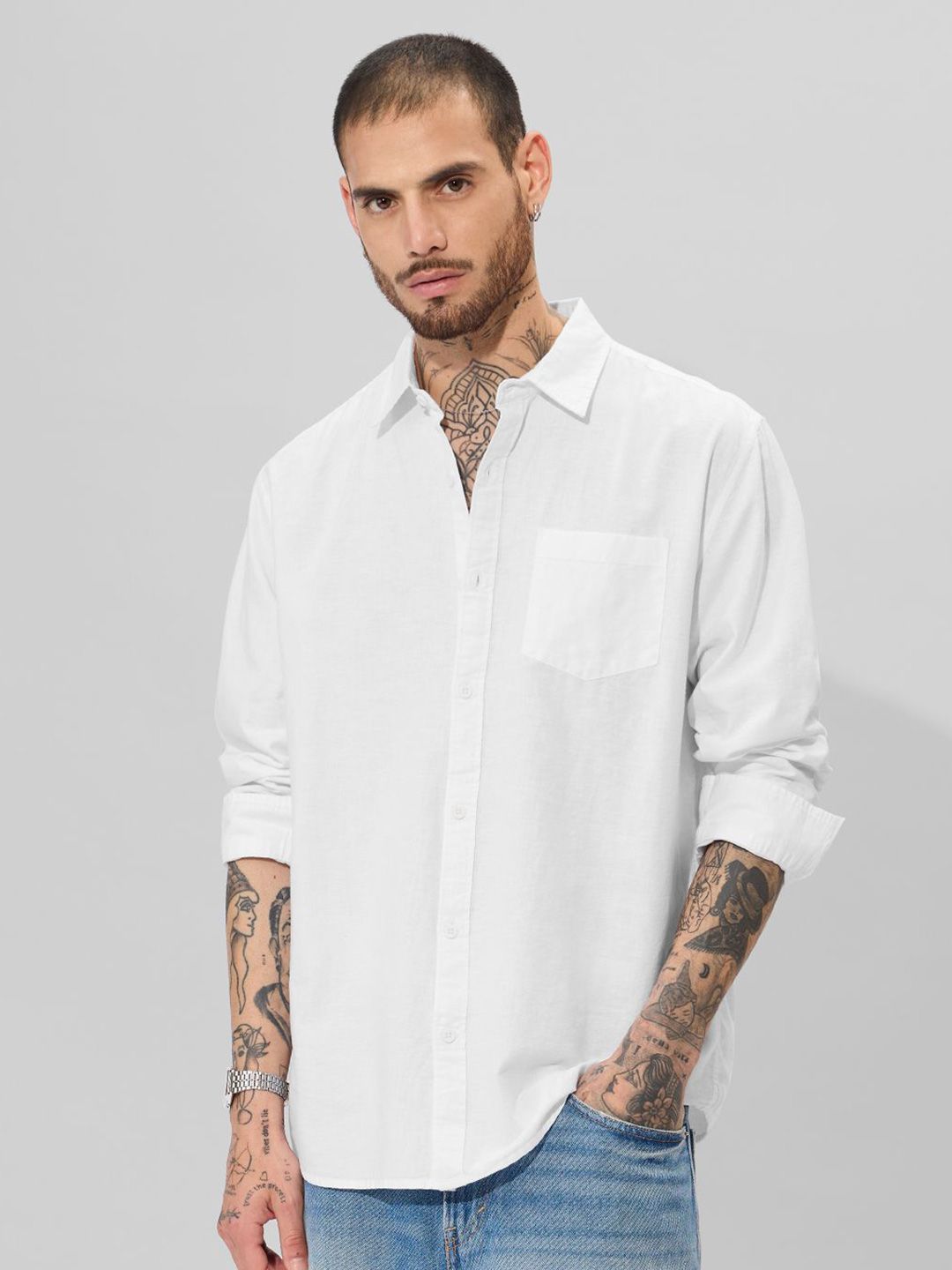 The Souled Store Men Spread Collar Solid Cotton Casual Shirt