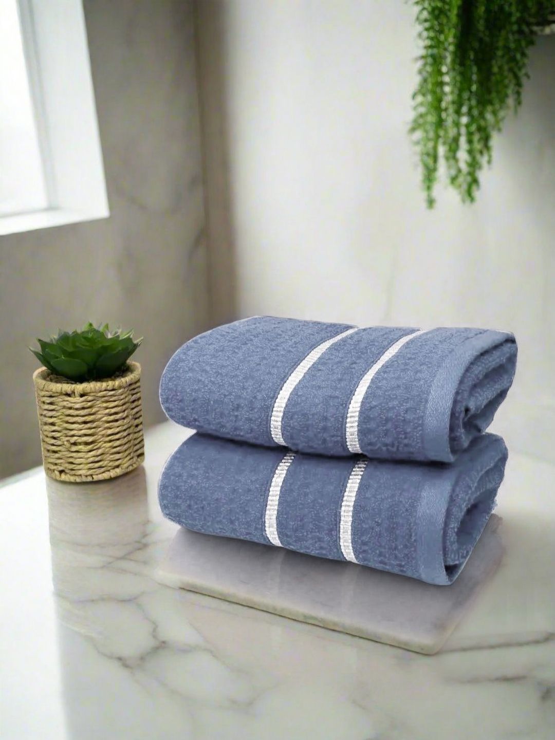 BIANCA Grey 2 Pieces Striped Pure Cotton Extra Plush Turkish Terry Hand Towels-image-1