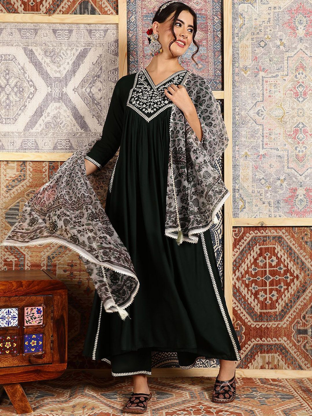 KIMAYRA Floral Yoke Design Pleated Thread Work Kurta with Palazzo & Dupatta