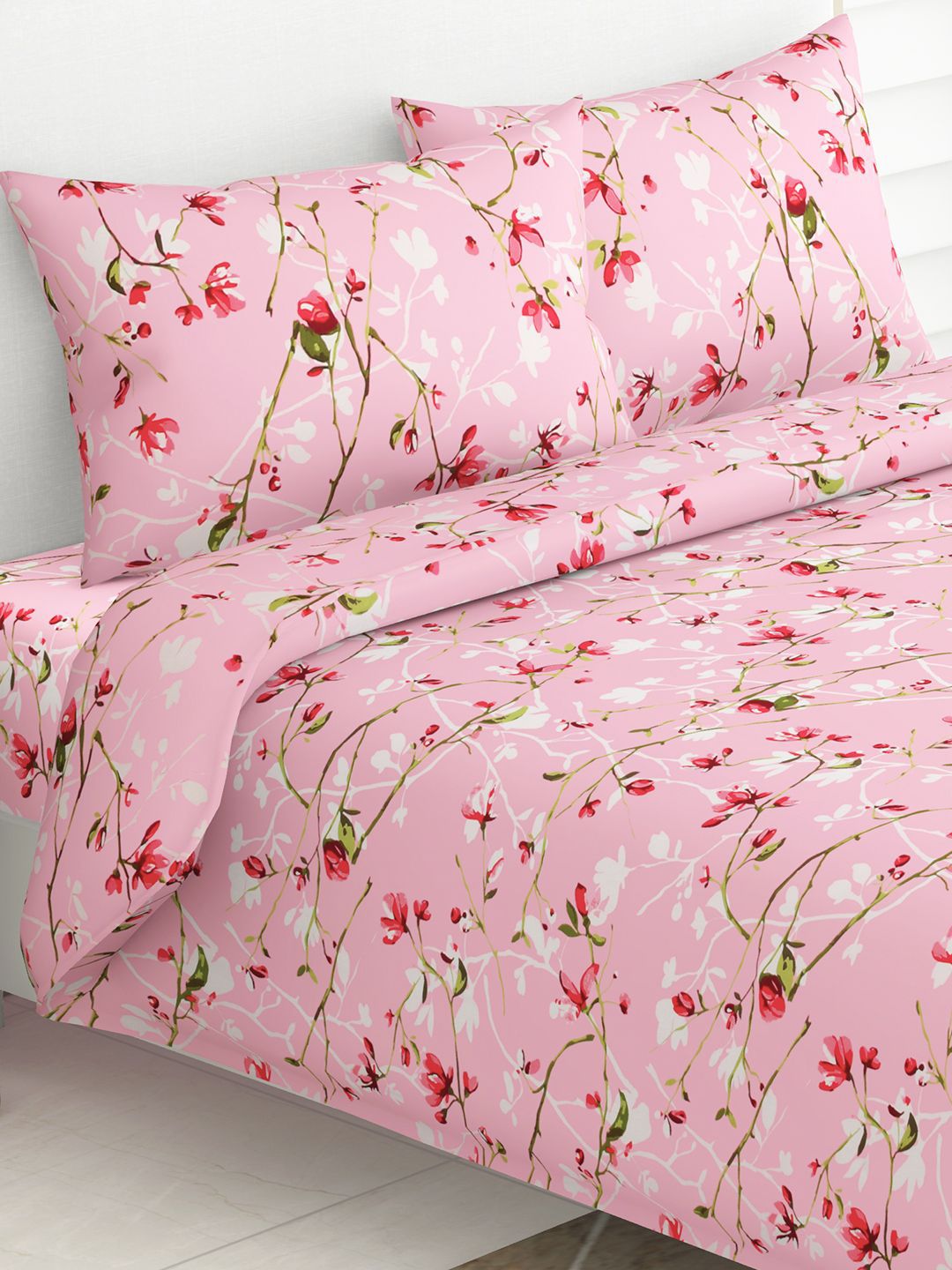 haus & kinder Pink & Red Floral Printed Cotton 186 TC Queen Bedsheet Set-picture-24