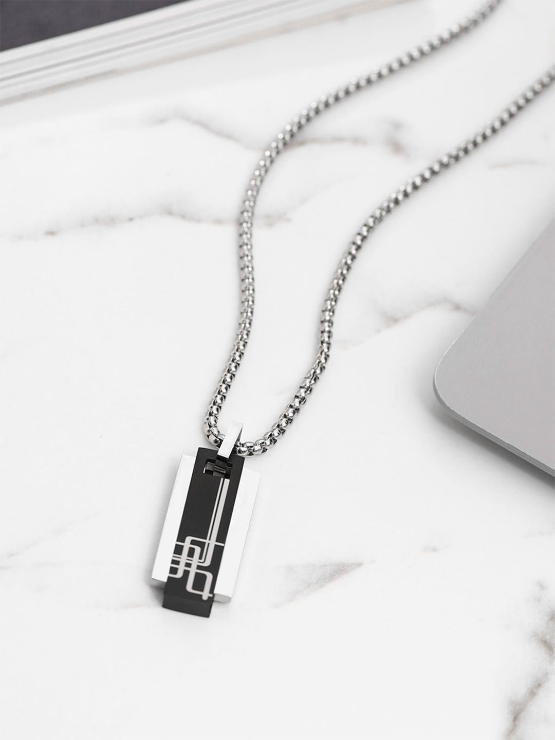 Yellow Chimes Men Stainless Steel Silver-Plated Geometric Shaped Pendant with Chain-picture-38