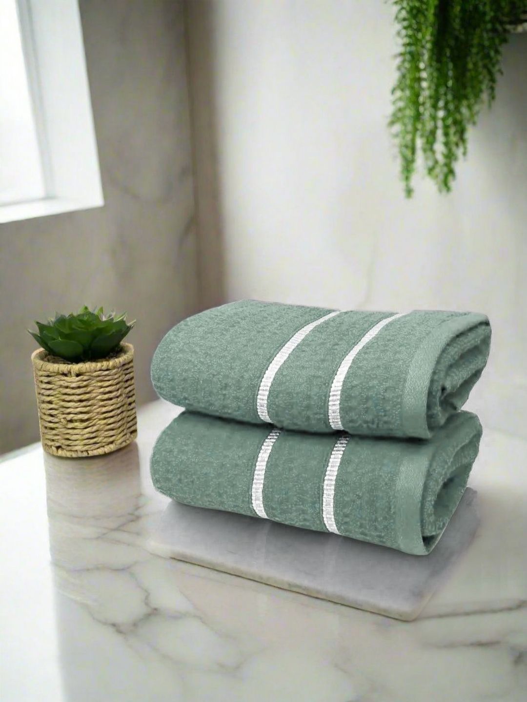 BIANCA Green & White 2 Pieces Striped Hand Towels-image-49