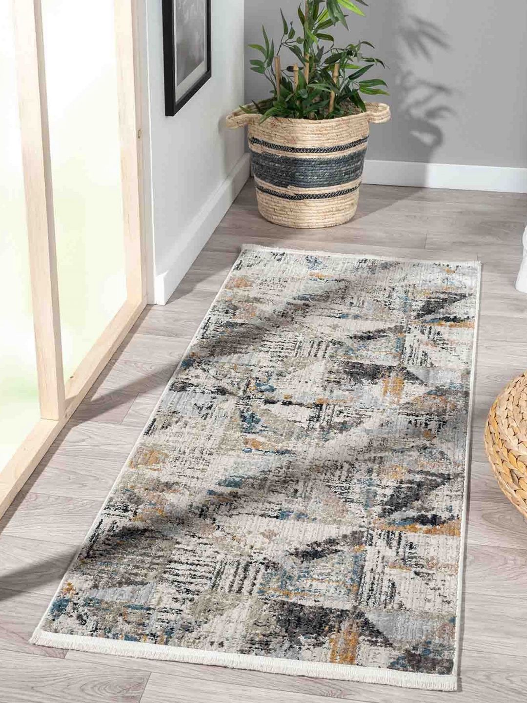 OBSESSIONS Cream & Blue Abstract Printed Bedside Floor Runner-picture-16