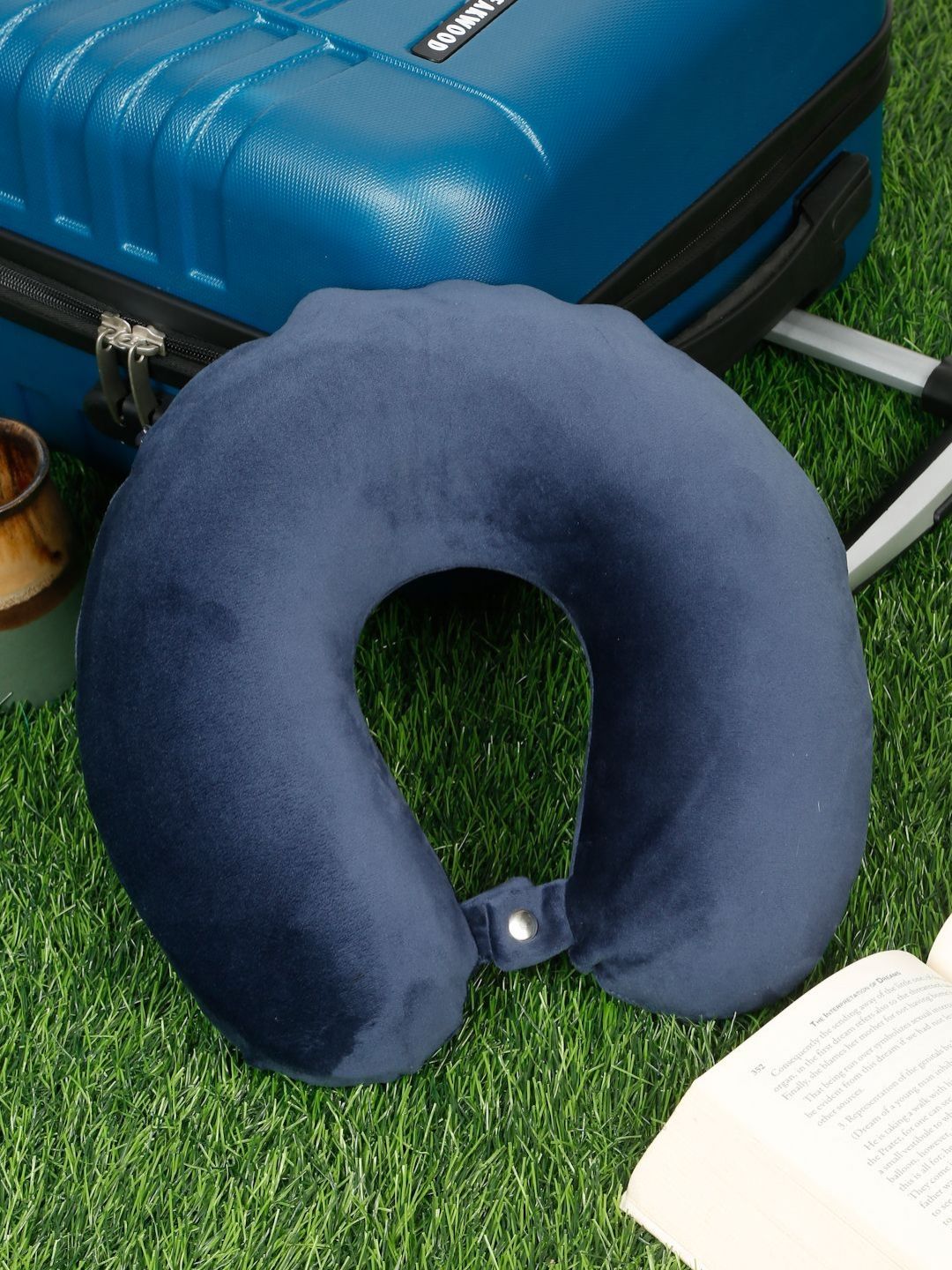 Teakwood Leathers Navy Blue Memory Foam Filled Faux Velvet Ultra Soft Travel Pillow-image-23
