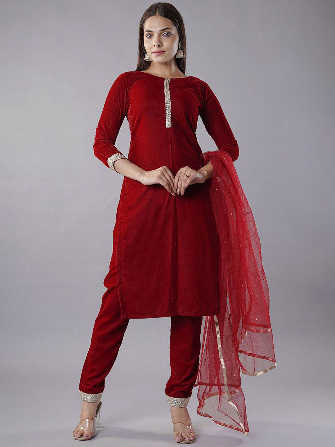 Utsav Fashion Round Neck Three-Quarter Sleeves Velvet Kurta With Trouser With Dupatta-picture-43