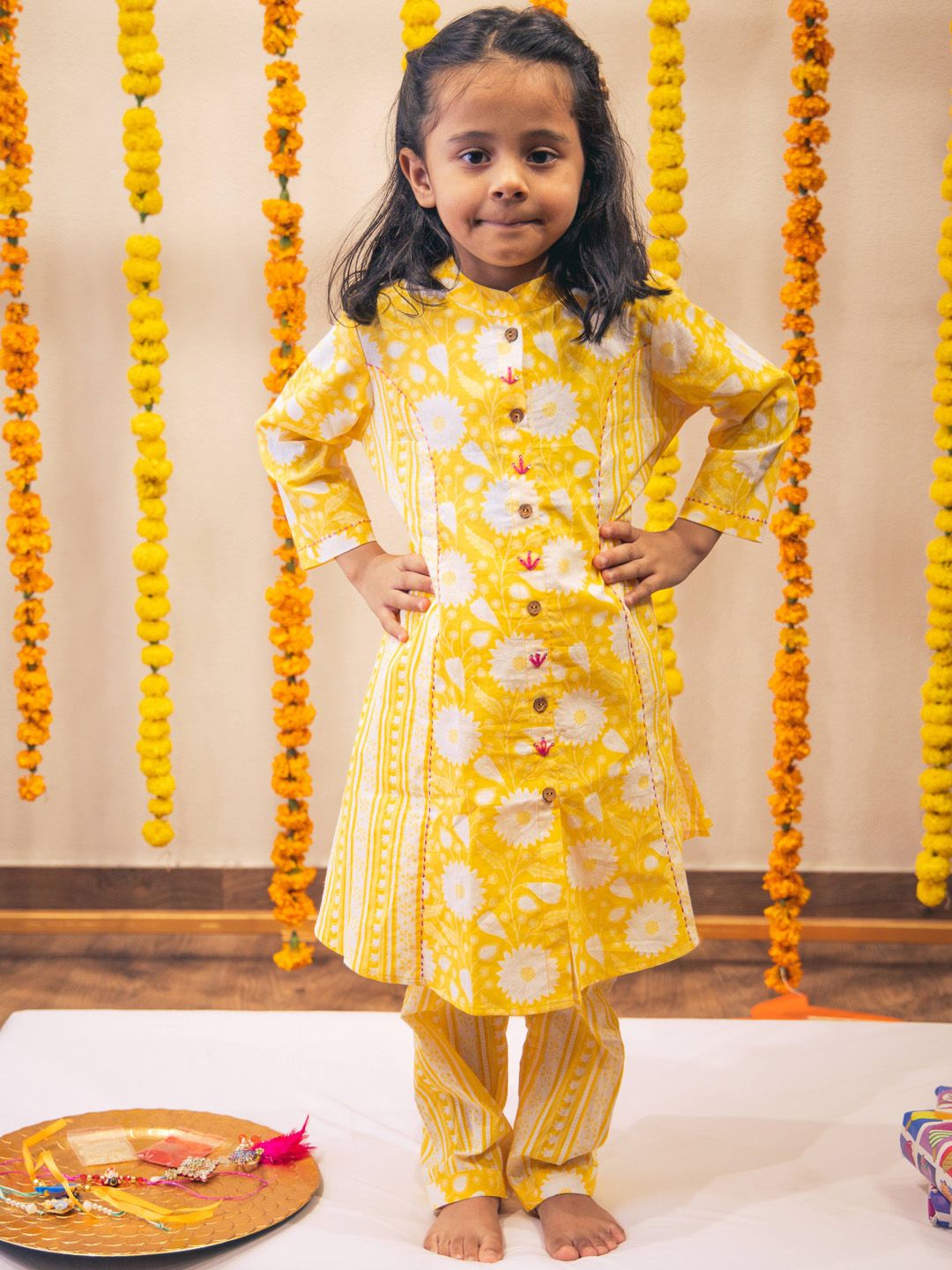 Hoshi by A&T Girls Floral Printed Regular Pure Cotton A-Line Kurta with Trousers-picture-11