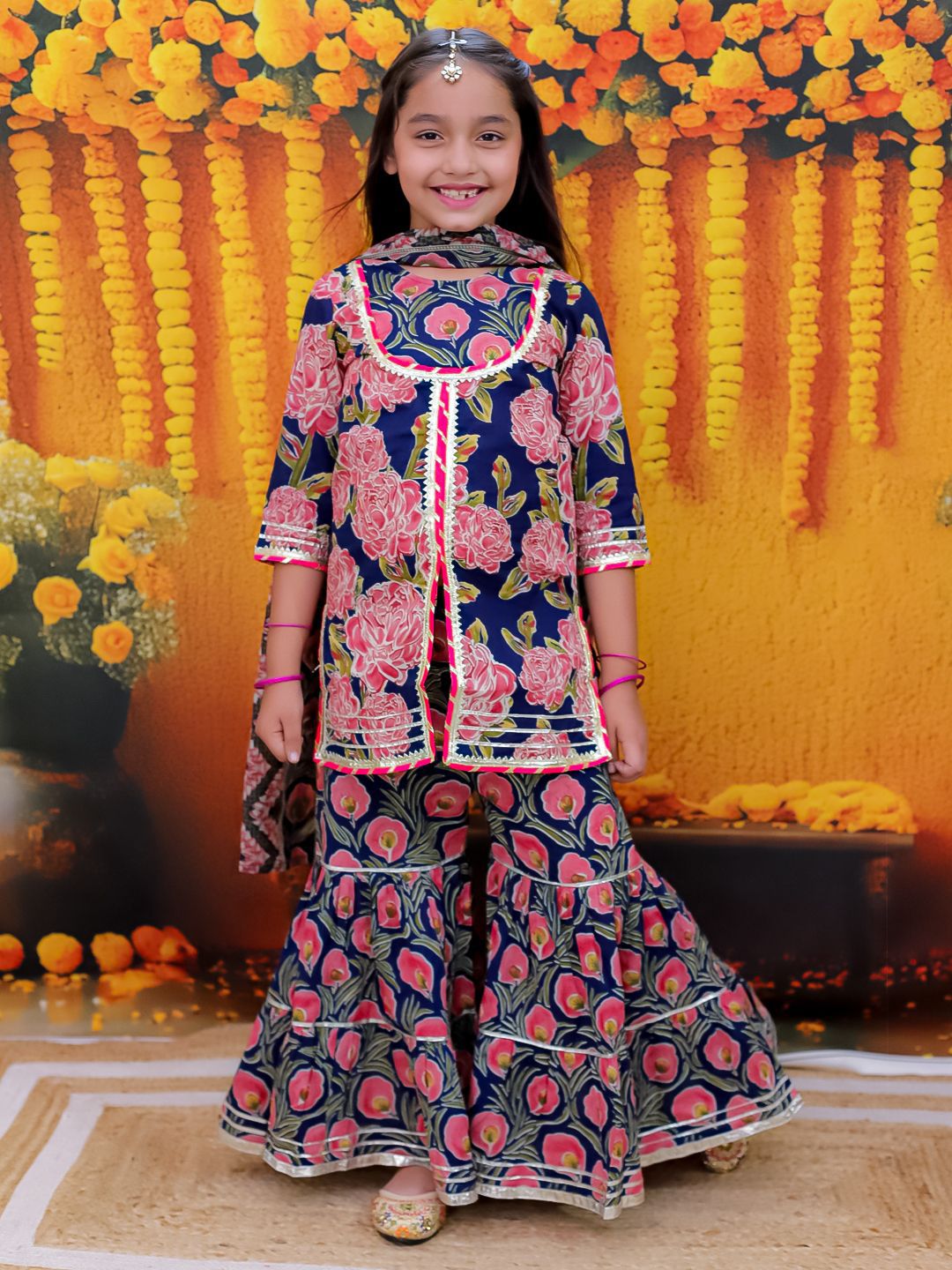 BownBee Floral Printed Pure Cotton Gotta Patti Kurta With Sharara & Dupatta-picture-18