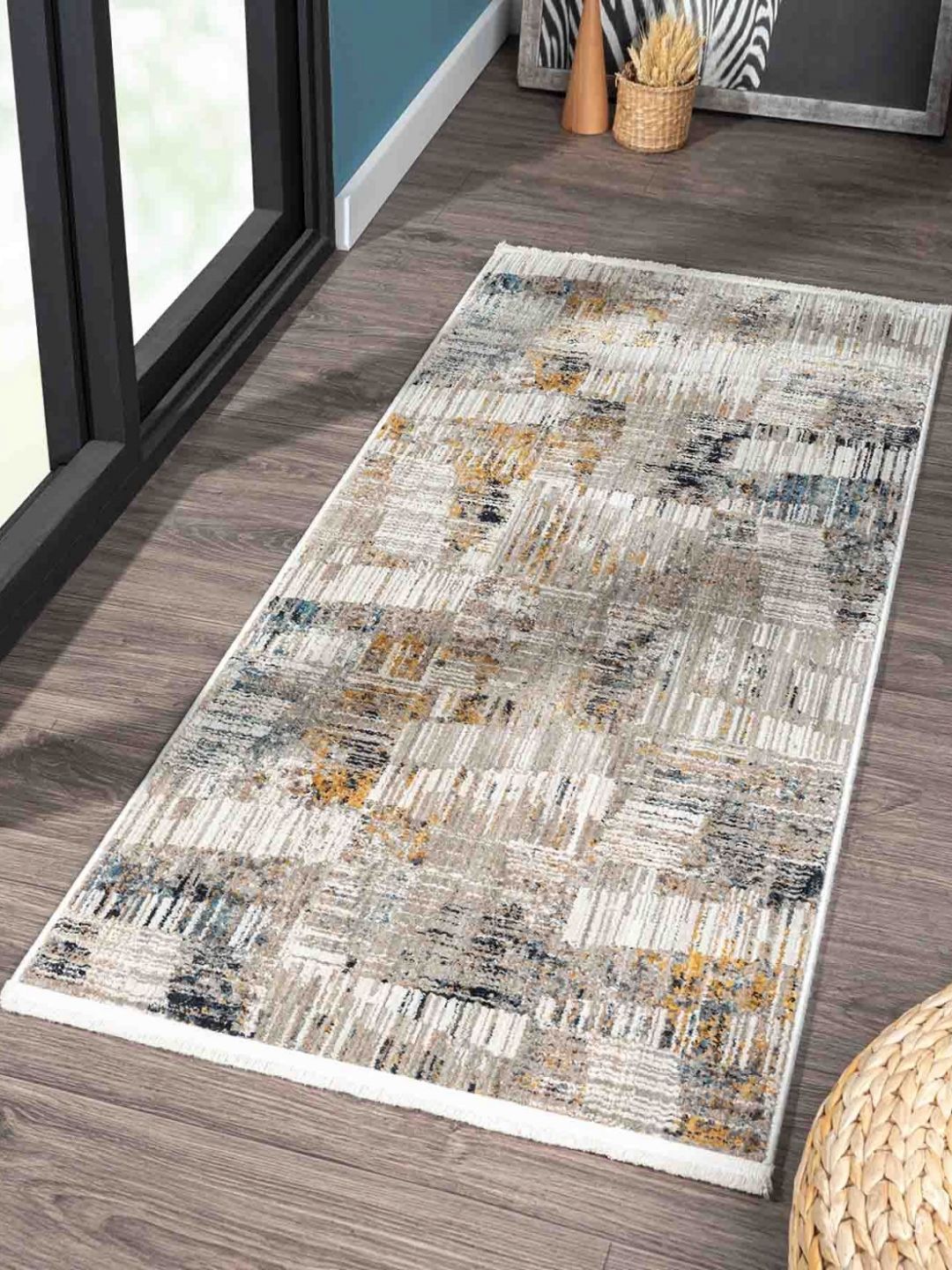 OBSESSIONS Cream-Colored & Teal- Green Abstract Printed Anti Static Bedside Runner-image-31