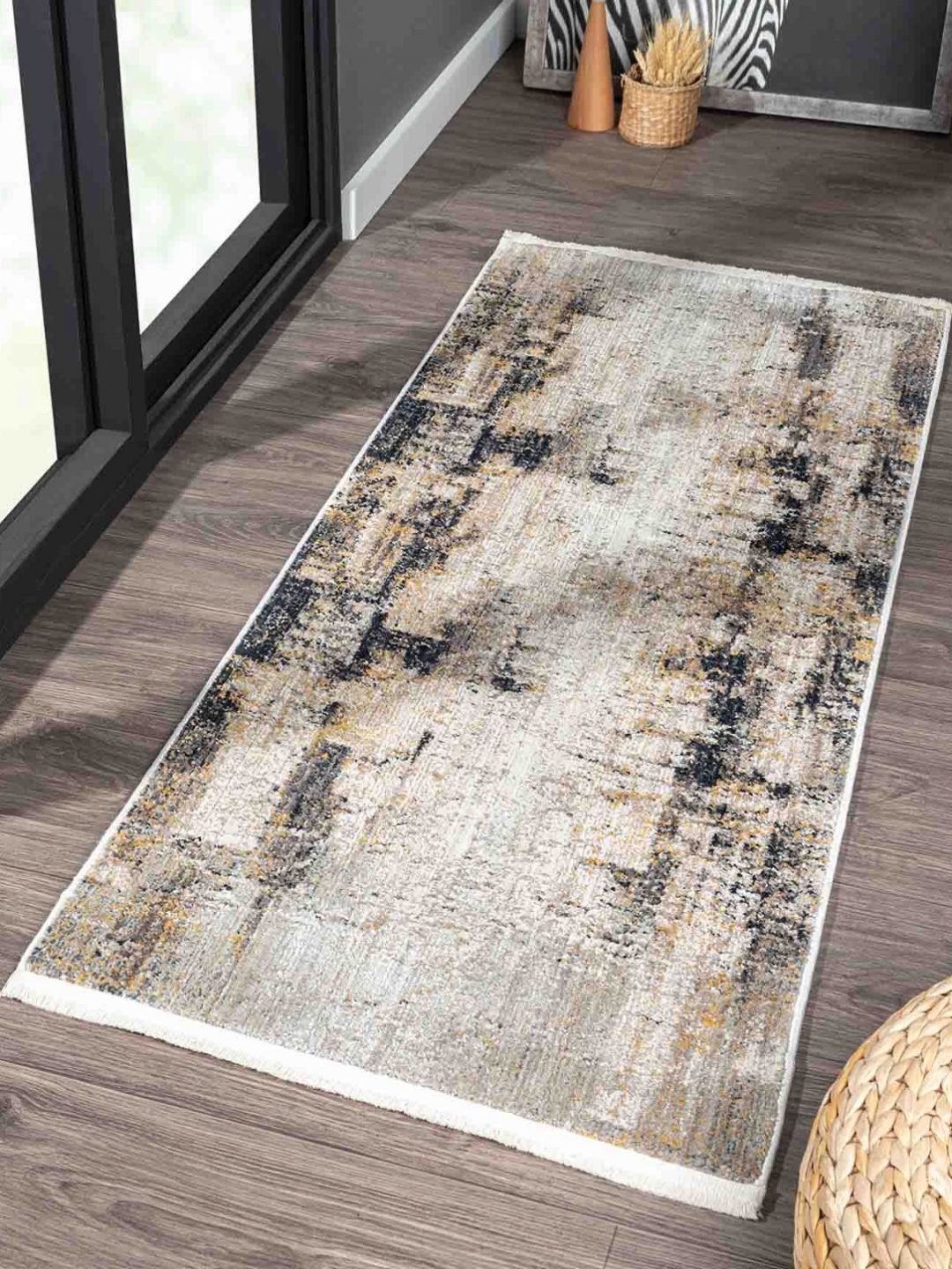 OBSESSIONS Cream-Colored & Black Abstract Printed Anti-Static Bedside Runner-image-45
