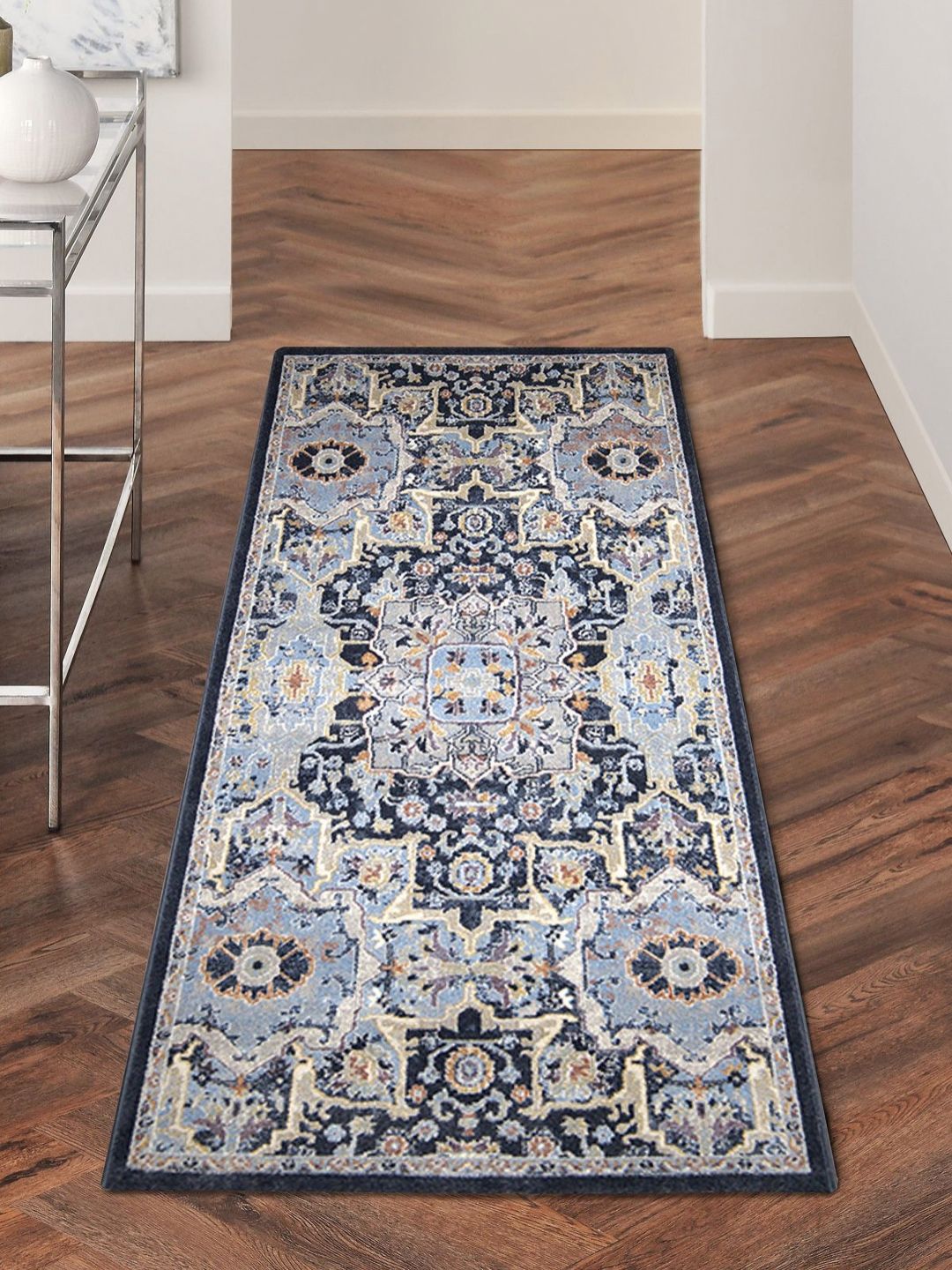 OBSESSIONS Blue & White Ethnic Motifs Printed Anti-Static Bedside Runner-picture-13
