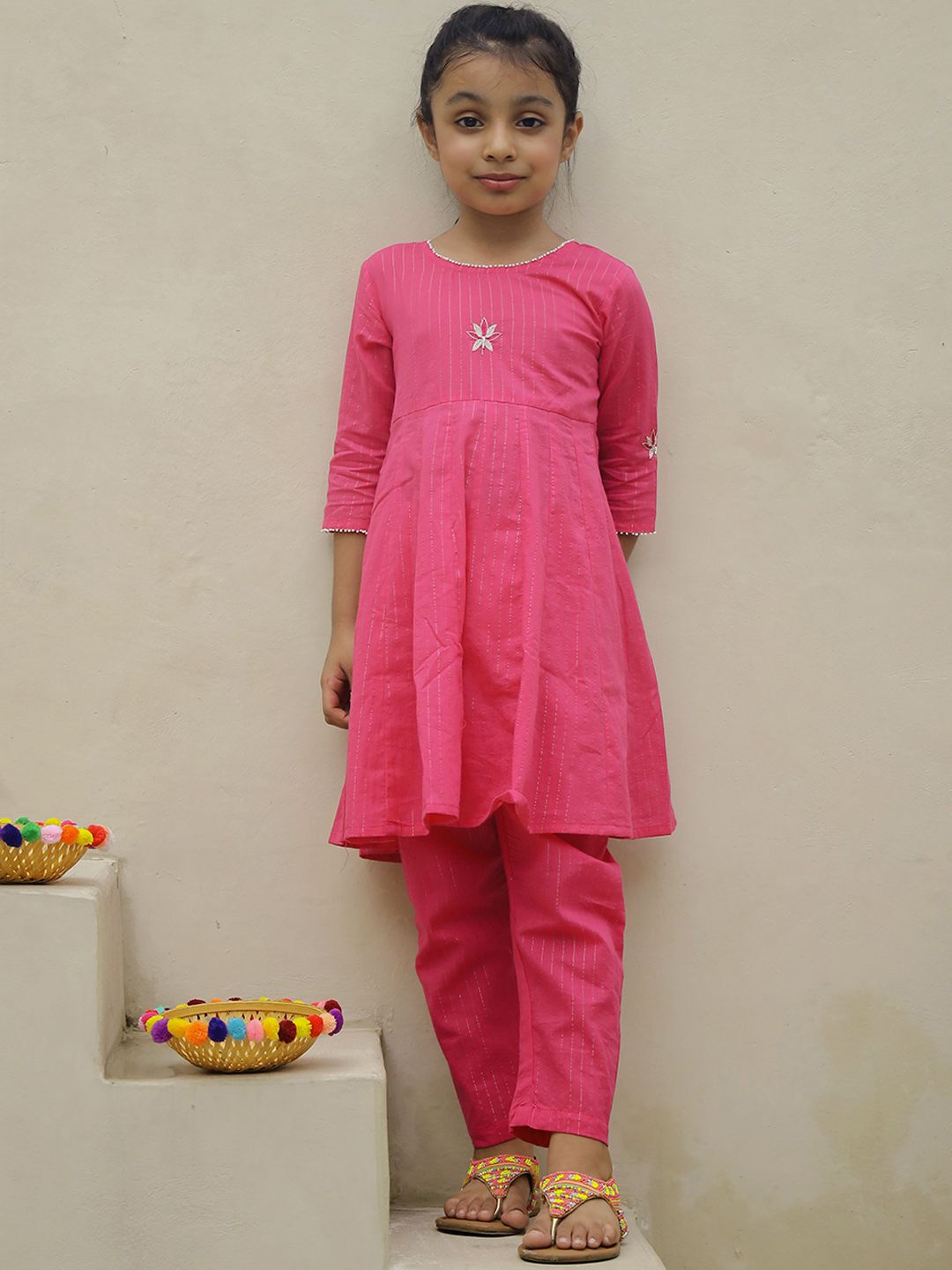 Hoshi by A&T Girls Embroidered Thread Work Pure Cotton Anarkali Kurta With Trousers-picture-19