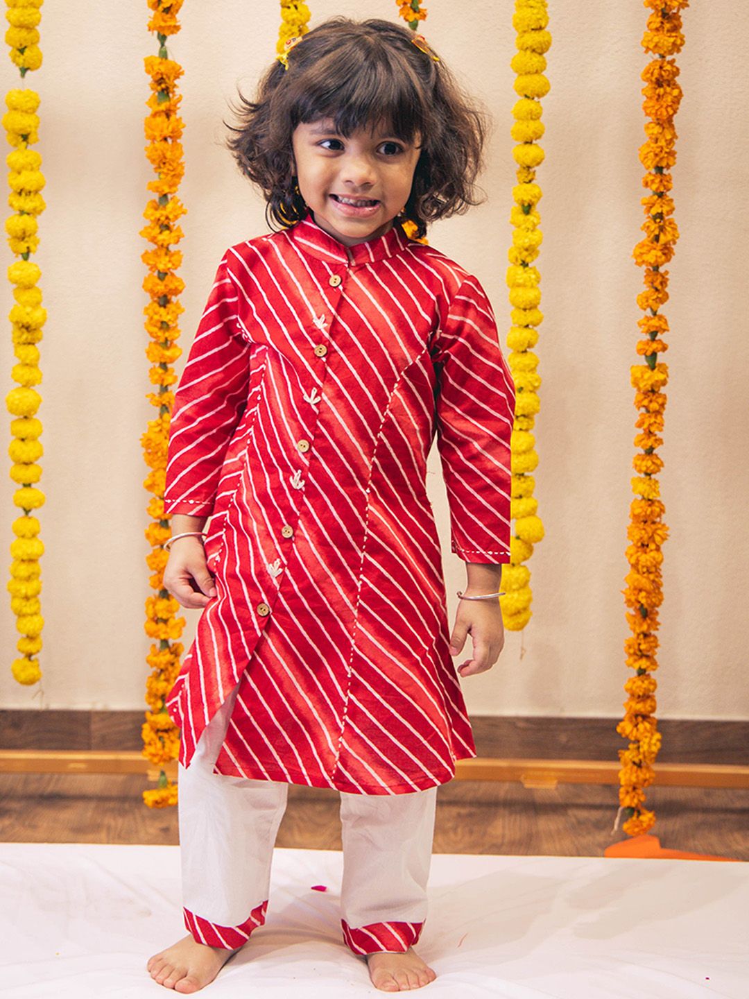 Hoshi by A&T Girls Leheriya Striped Regular Pure Cotton A-Line Kurta with Pyjamas-picture-25