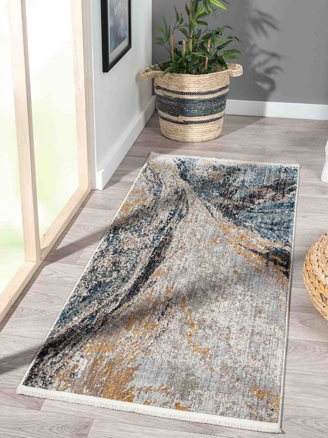 OBSESSIONS Blue & Cream Abstract Printed Bedside Floor Runner-picture-10