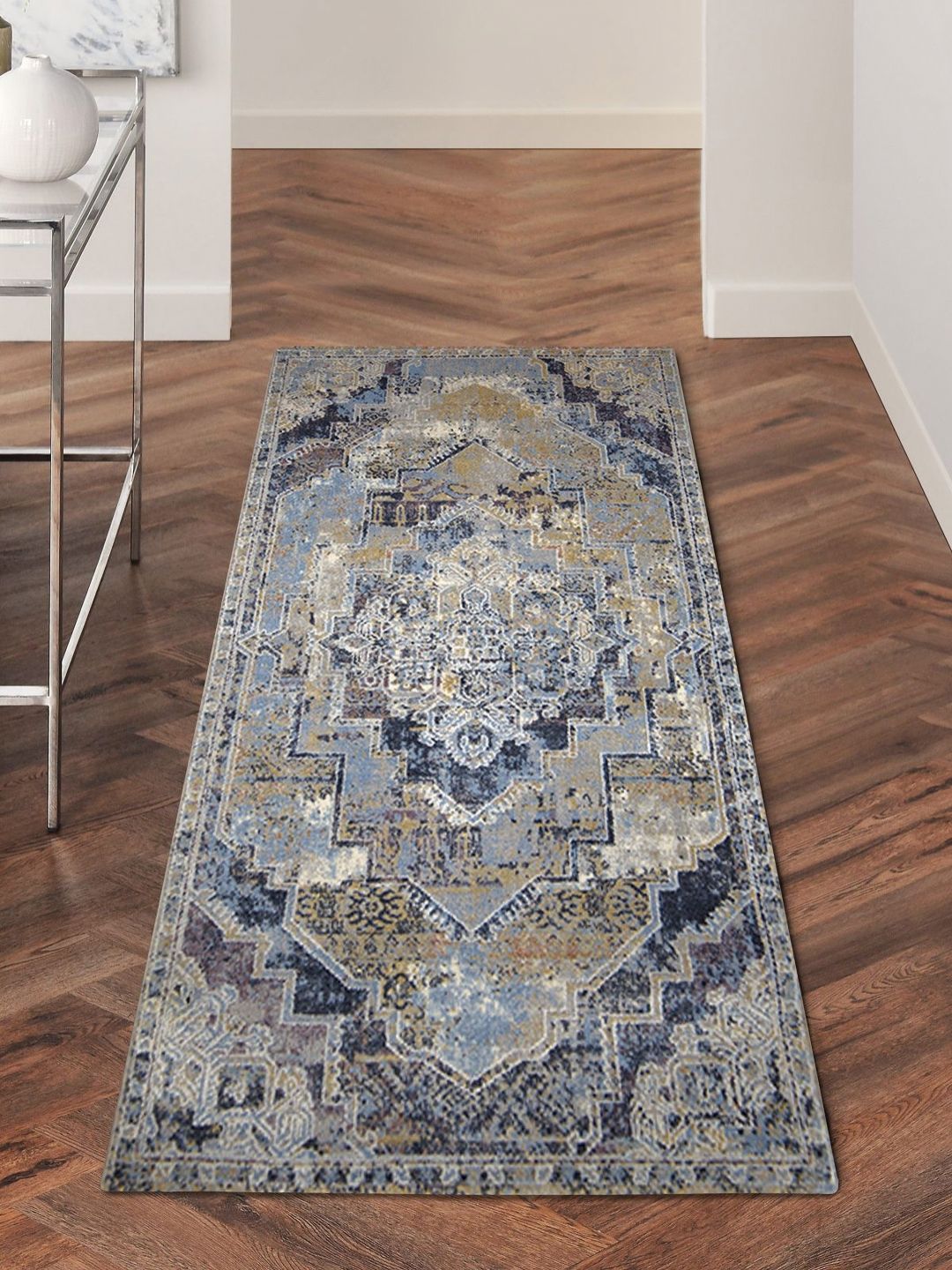 OBSESSIONS Blue & Beige Printed Anti-Static Bedside Runner-picture-31