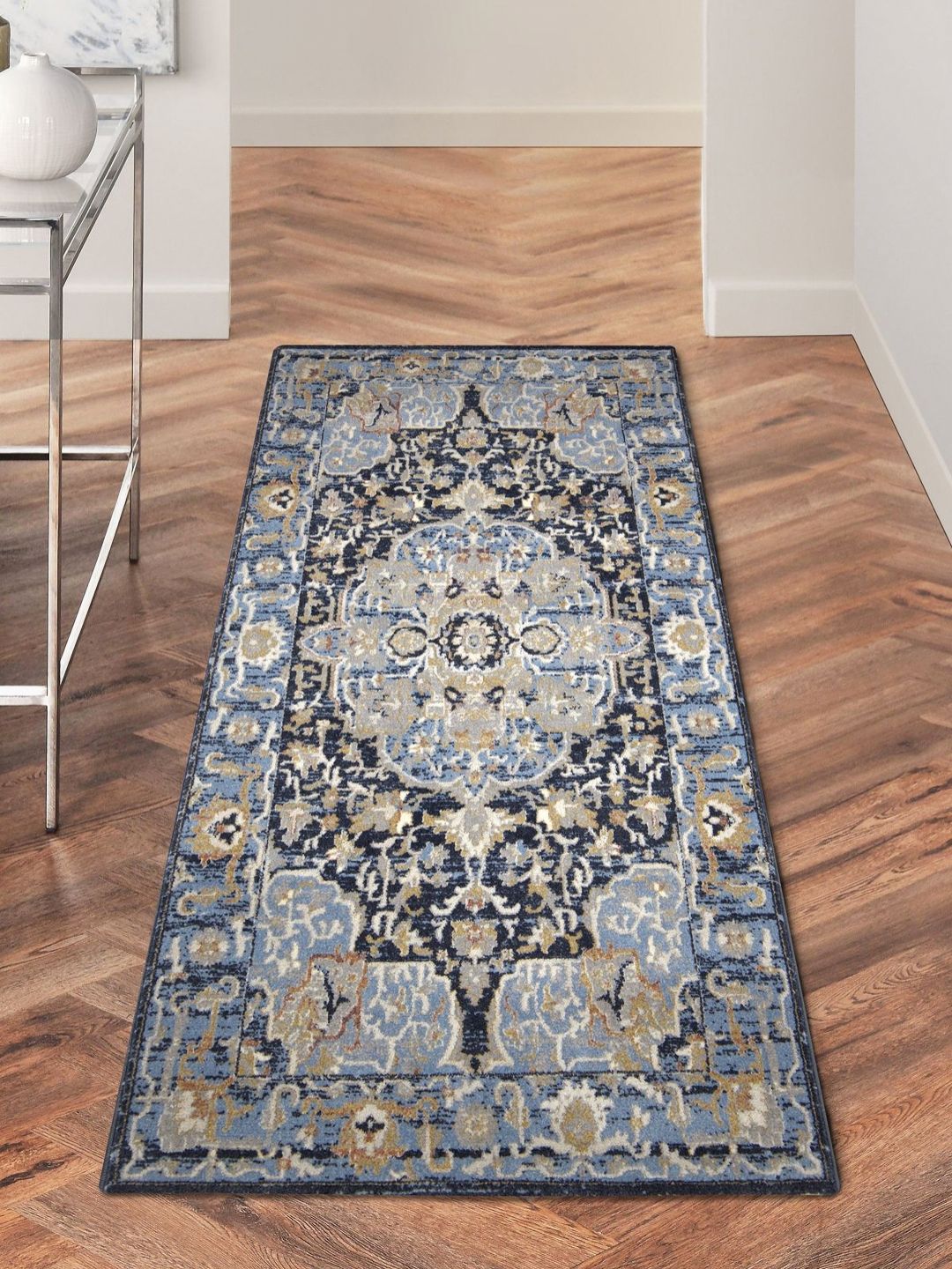 OBSESSIONS Blue & White Ethnic Motifs Printed Bedside Runner-picture-23