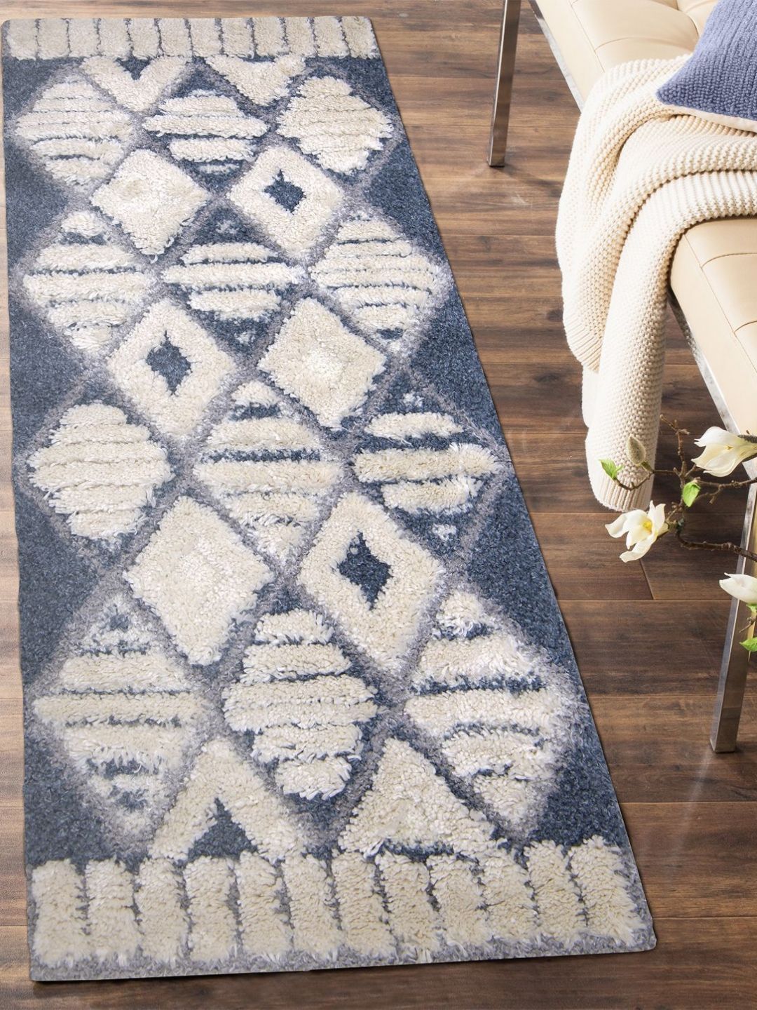 OBSESSIONS Blue & Beige Geometric Printed Anti-Static Bedside Floor Runner-image-43