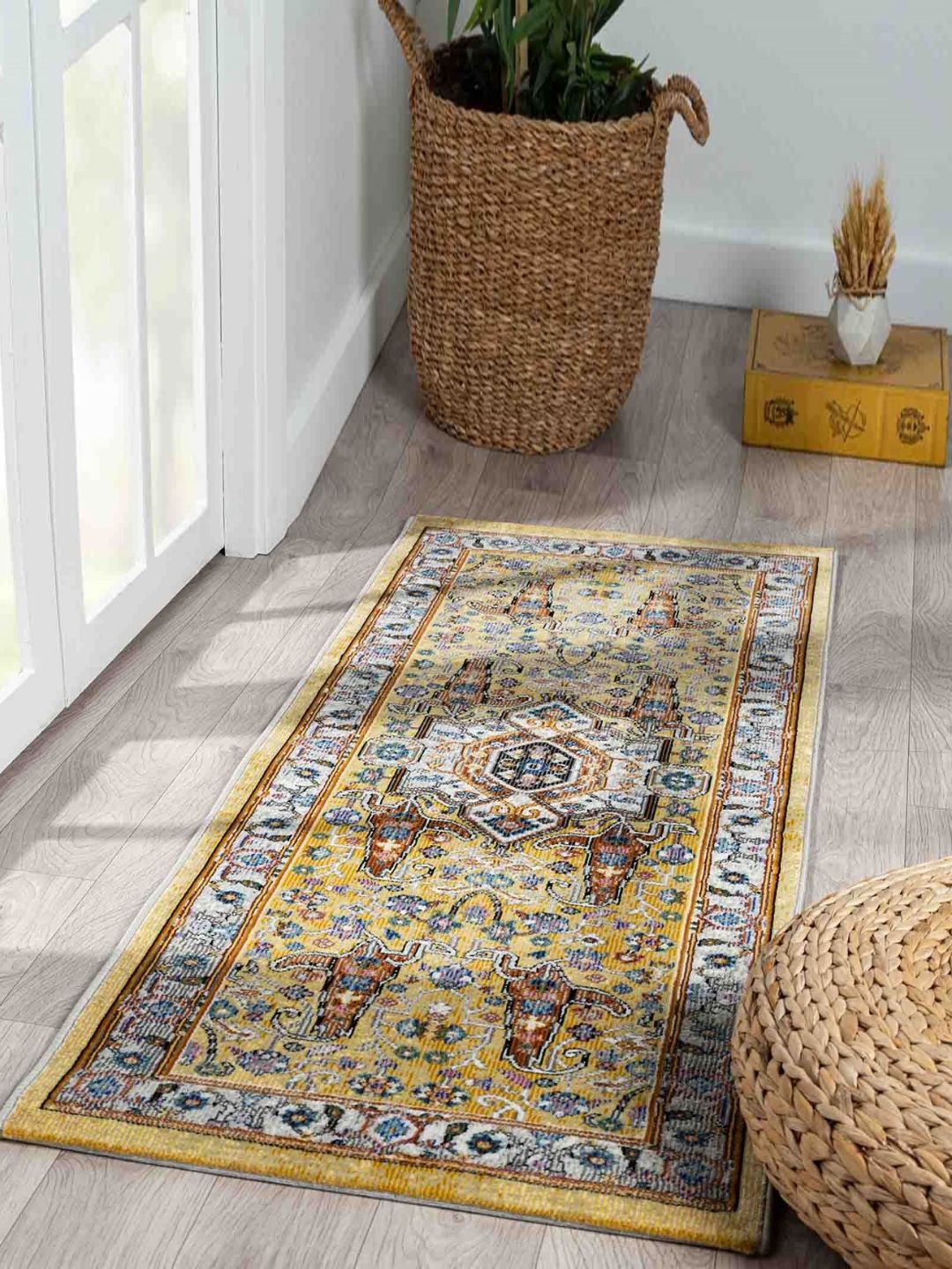 OBSESSIONS Yellow & Black Ethnic Motifs Printed Anti Skid Bedside Runner-picture-36