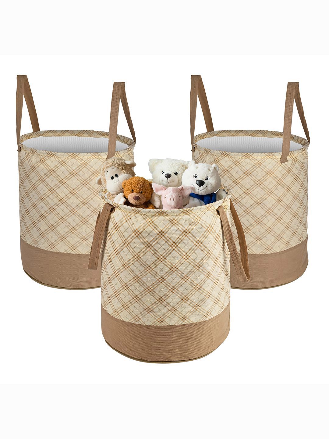 Kuber Industries Cream 3 Pieces Checked Foldable Laundry Bags 45 L Each-image-19