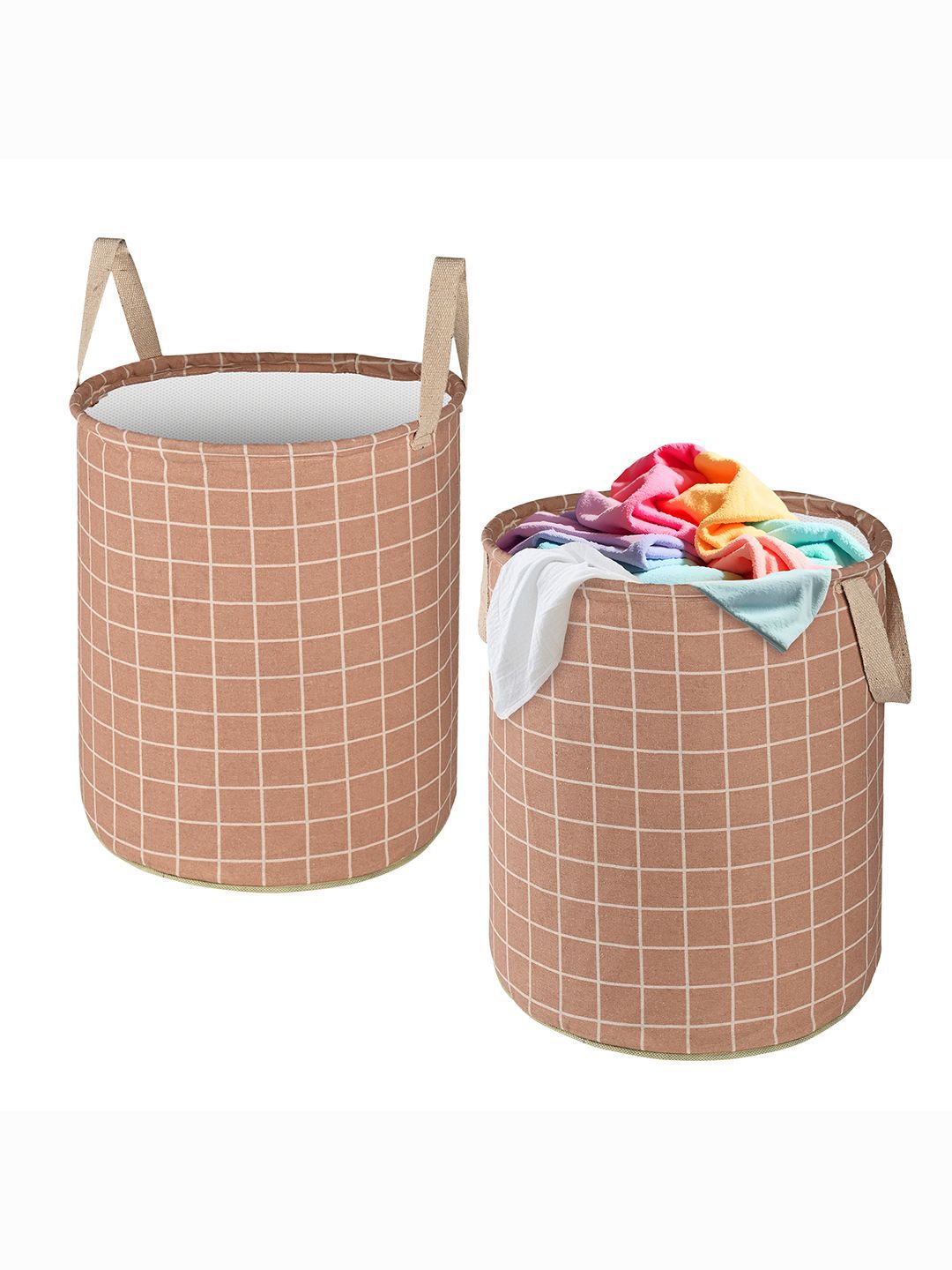 Kuber Industries Light Brown & White 2 Pieces Checked Cotton Laundry Bags 45L Each-image-4