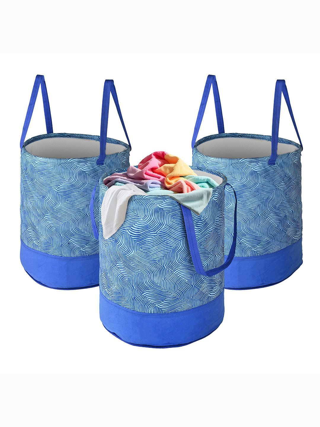 Kuber Industries Blue & White 3 Pieces Wavy Printed Foldable Laundry Bags 45L Each-picture-36