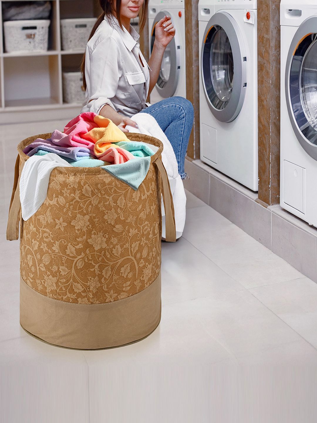 Kuber Industries Brown Floral Printed Foldable Laundry Bag 45L-picture-23