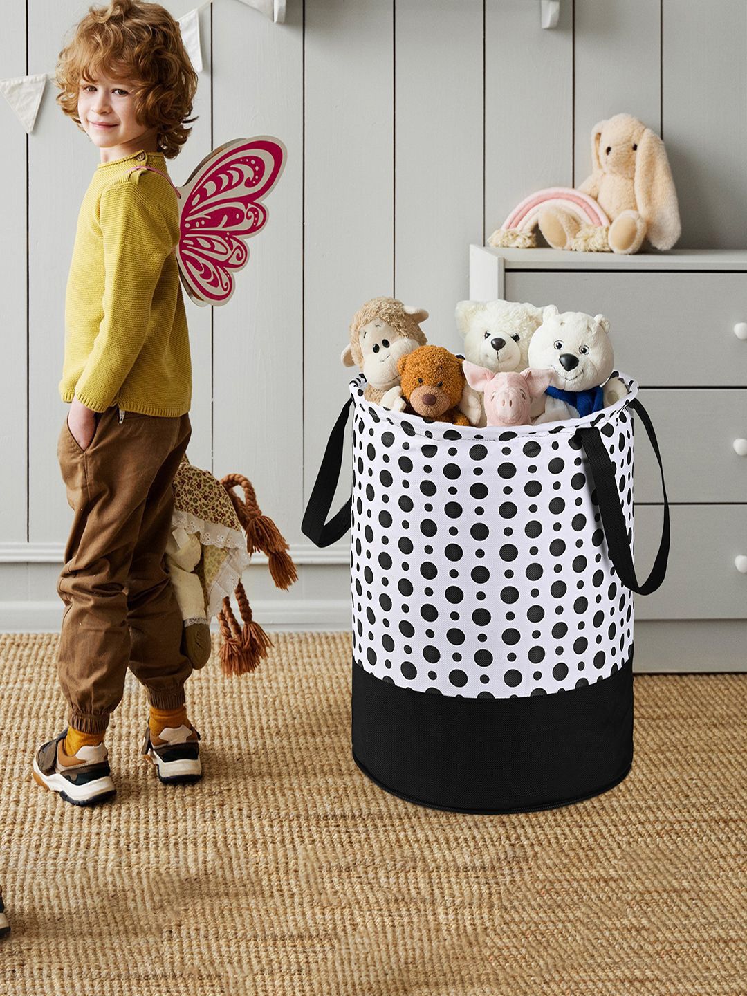 Kuber Industries Black & White 3 Pieces Polka Dots Printed Foldable Laundry Bags 45L Each-picture-36