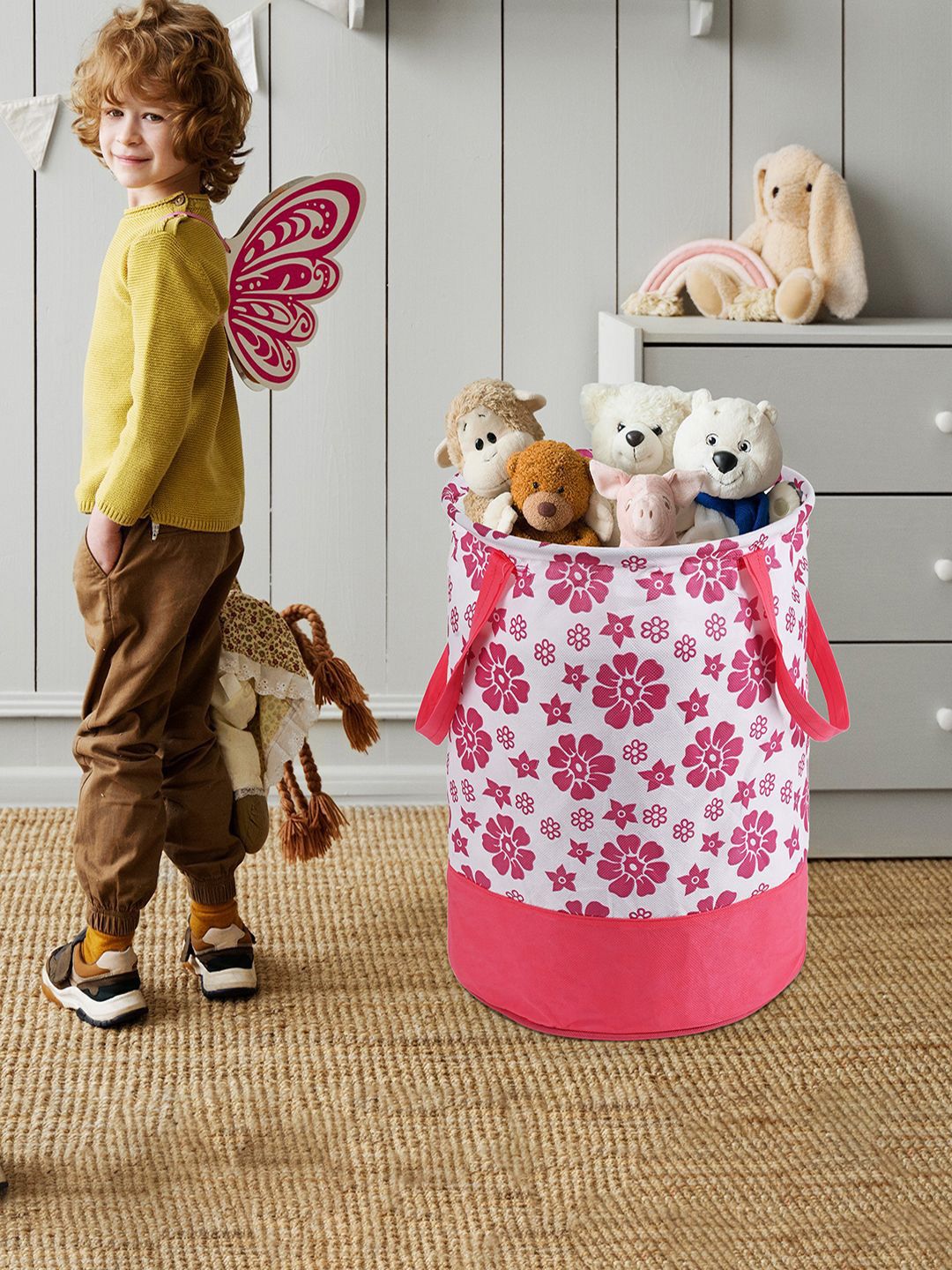 Kuber Industries Pink & White Floral Printed Foldable Laundry Bag 45L-picture-34