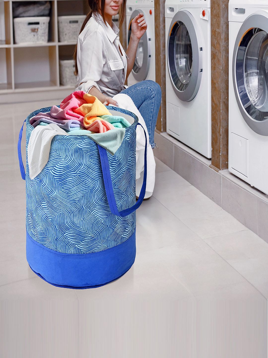 Kuber Industries Blue Self Design Foldable Laundry Bag 45L-image-47