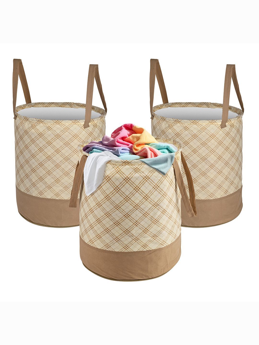 Kuber Industries Cream 3 Pieces Checked Foldable Laundry Bags 45 L Each-image-28