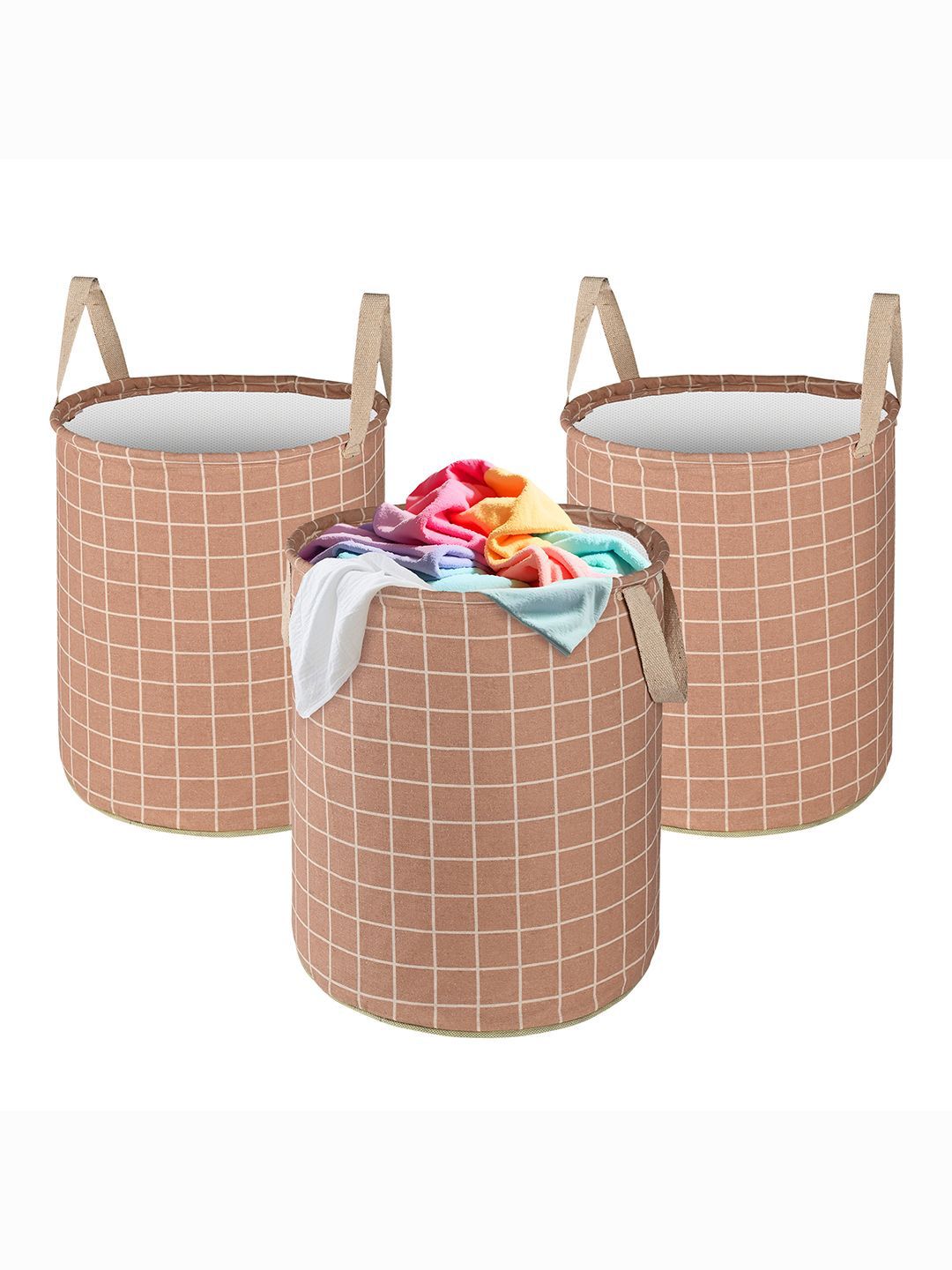 Kuber Industries Brown 3 Pieces Checked Cotton Printed Foldable Laundry Bags 45 L Each-picture-27