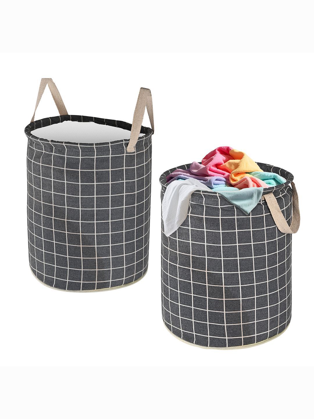 Kuber Industries Grey 2 Pieces Checked Cotton Foldable Laundry Bags 45 L Each-picture-20