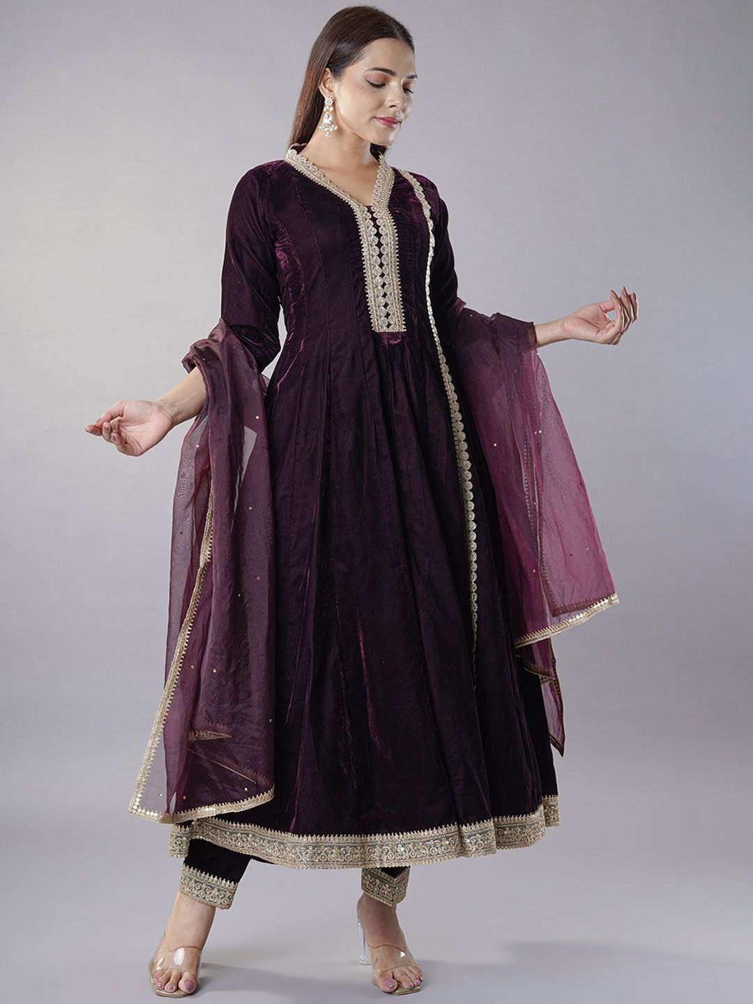 Utsav Fashion Floral Yoke Design Sequinned Velvet Anarkali Kurta with Trousers & Dupatta-picture-39