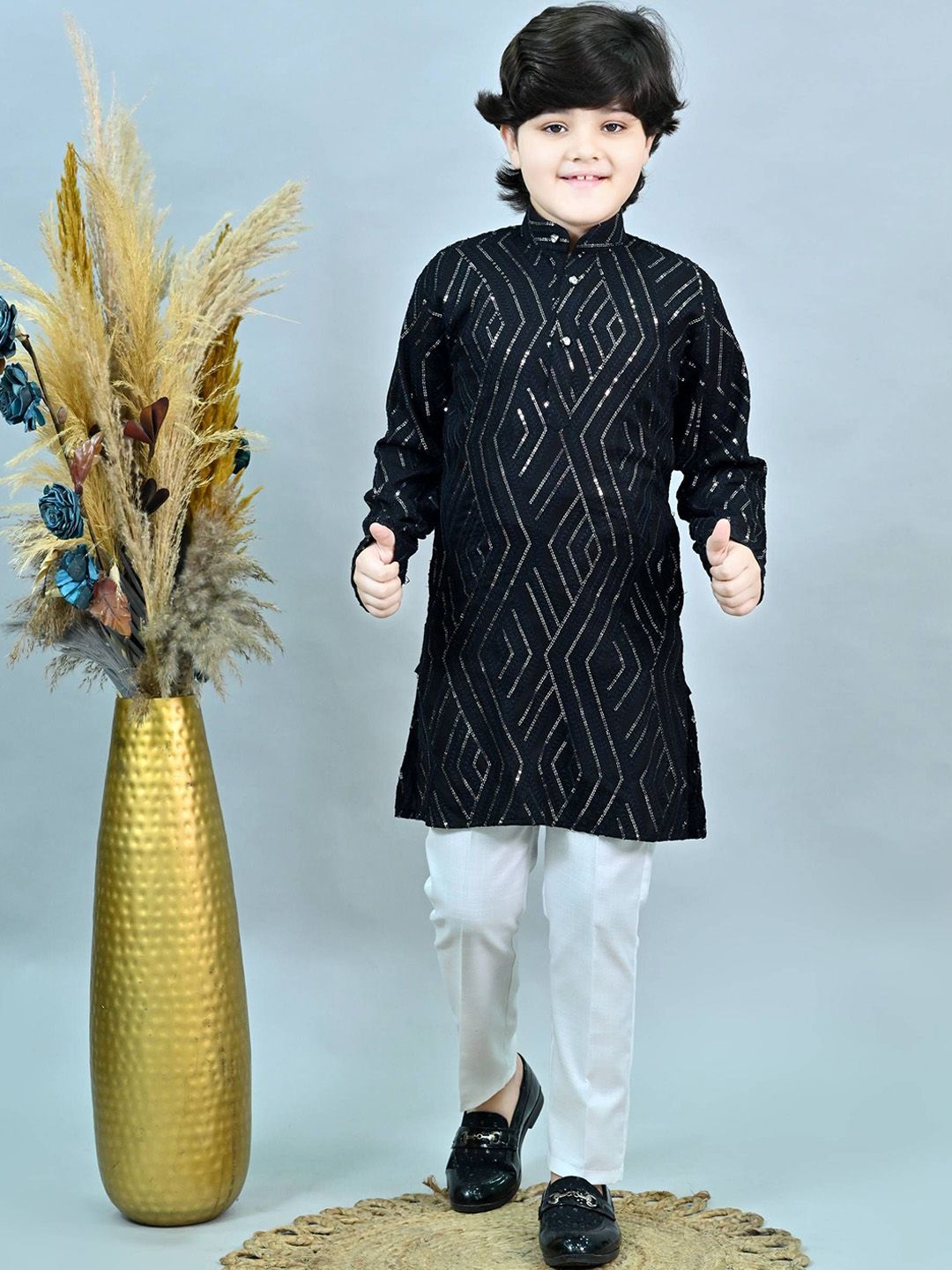 ahhaaaa Boys Geometric Embroidered Regular Sequinned Dupion Silk Kurta & Trouser-picture-19