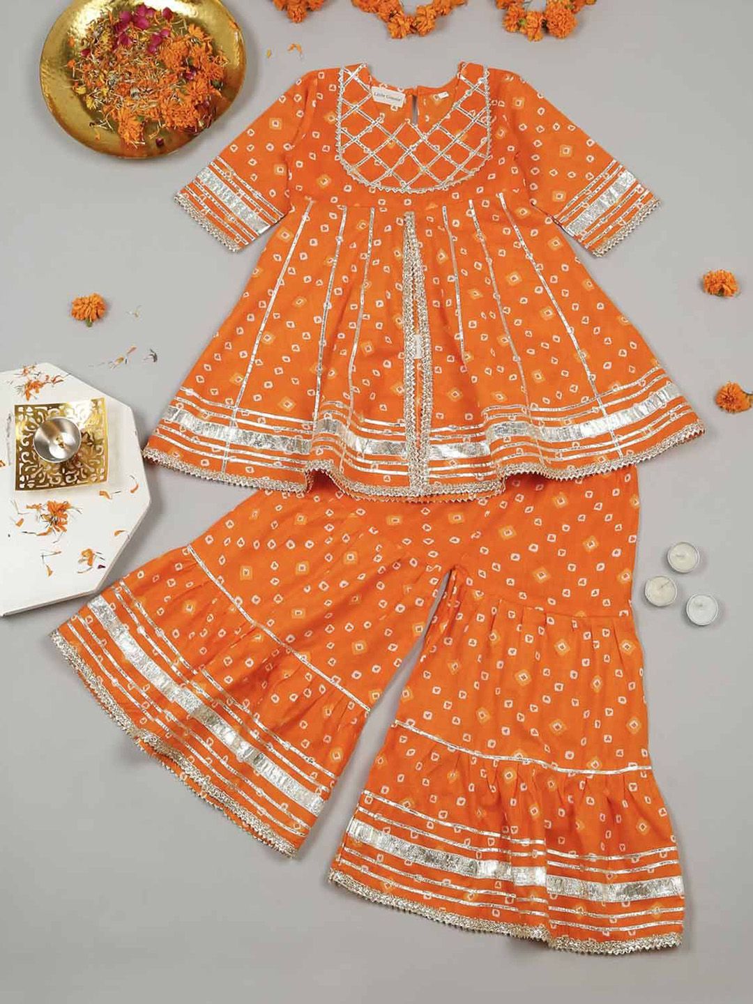 LITTLE GINNIE Girls Bandhani Printed Gotta Patti Pure Cotton Kurti with Sharara-picture-51