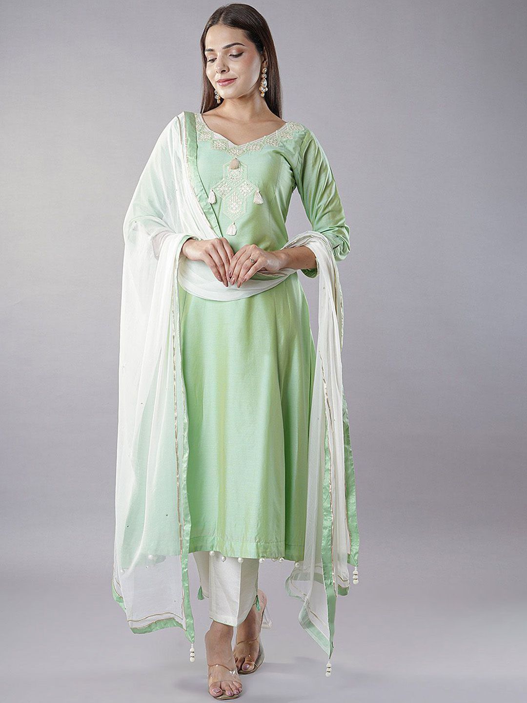 Utsav Fashion Floral Yoke Design Sequinned Cotton Silk Kurta with Trousers & Dupatta-picture-11