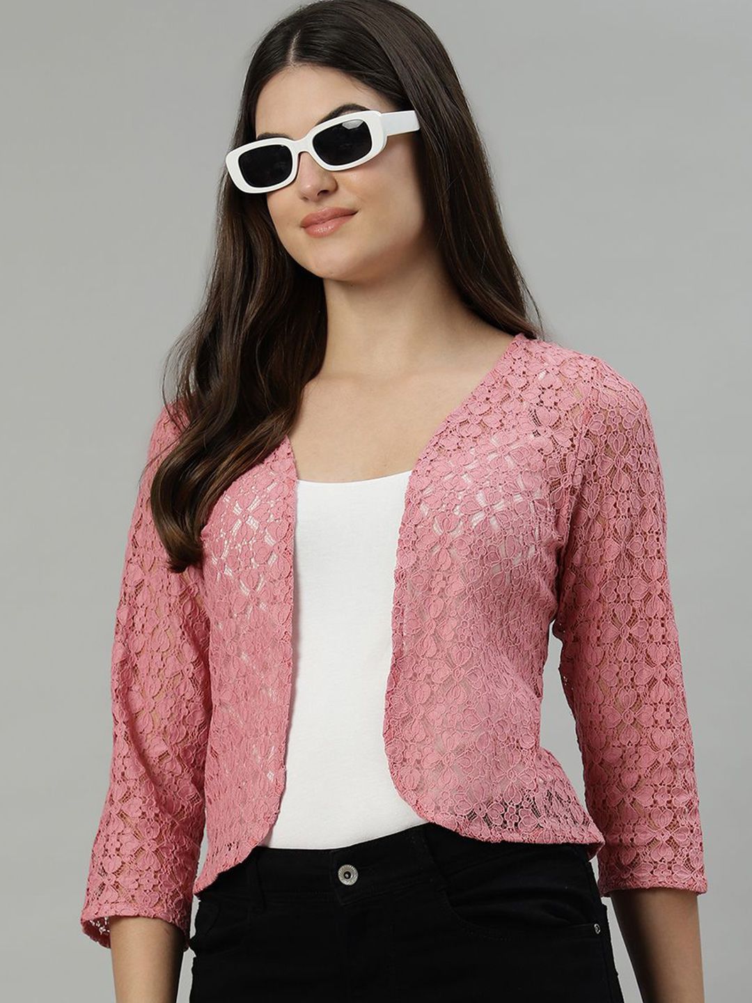 UnaOne Floral Embroidered Cotton Lace Open Front Shrug-image-30